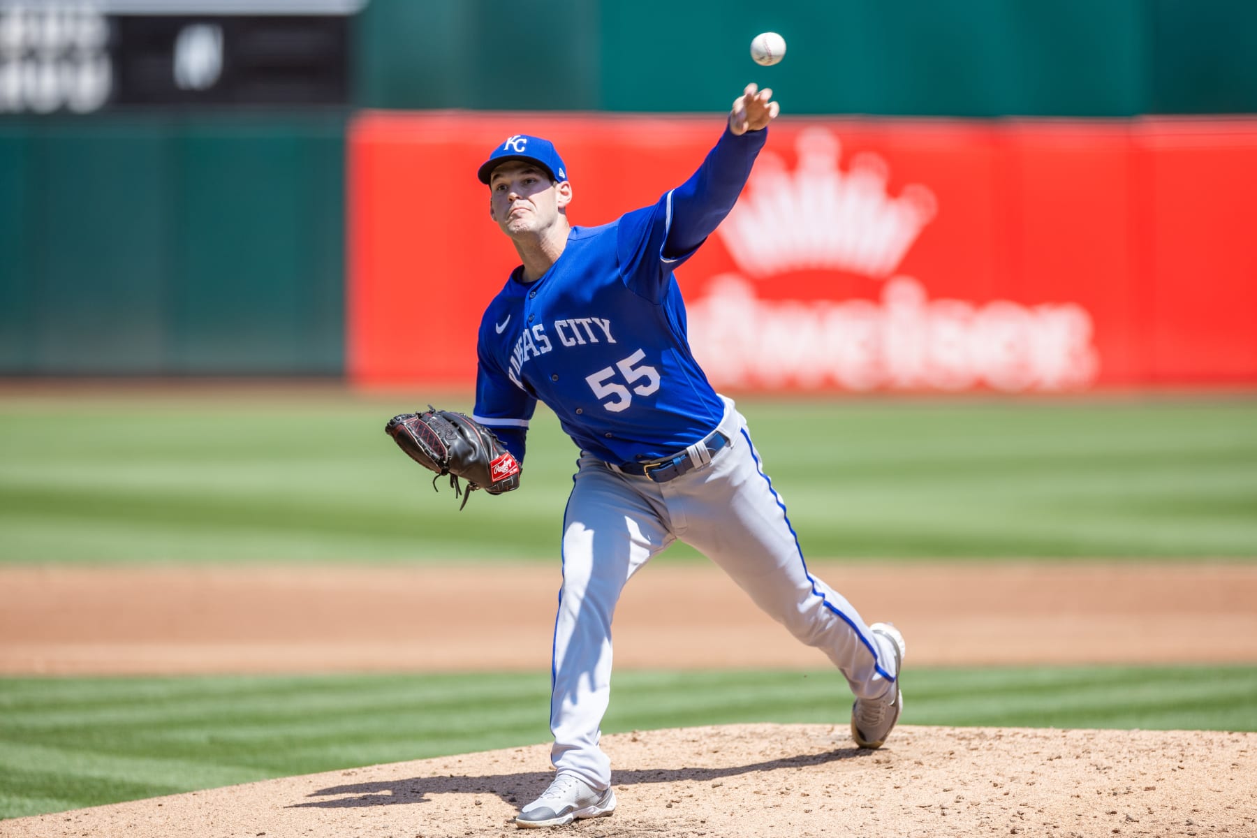 OAKLAND, CA - AUGUST 23: Kansas City Royals Pitcher Cole Ragans (55) throws a pitch during the MLB professional baseball game between the Kansas City Royals and the Oakland Athletics on August 23, 2023 at RingCentral Coliseum in Oakland, CA. (Photo by Bob Kupbens/Icon Sportswire via Getty Images)