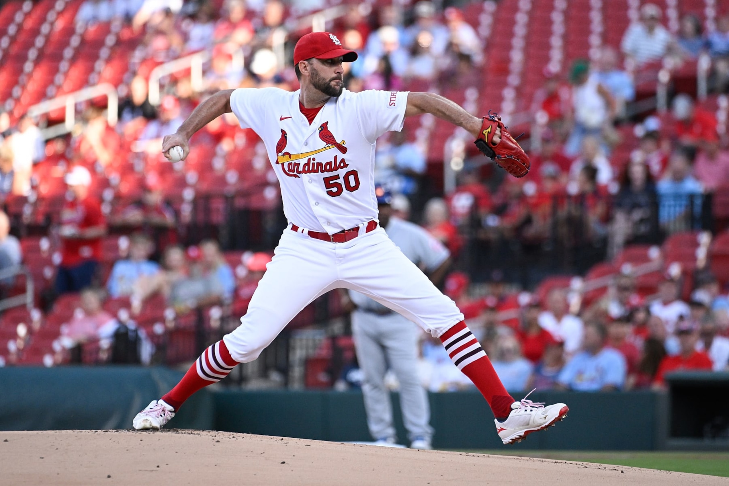 ST LOUIS, MISSOURI - AUGUST 17: Adam Wainwright #50 of the St. Louis Cardinals pitches against the New York Mets in the first inning at Busch Stadium on August 17, 2023 in St Louis, Missouri. (Photo by Joe Puetz/Getty Images) ST LOUIS, MISSOURI - AUGUST 17: Adam Wainwright #50 of the St. Louis Cardinals pitches against the New York Mets in the first inning at Busch Stadium on August 17, 2023 in St Louis, Missouri. (Photo by Joe Puetz/Getty Images)
