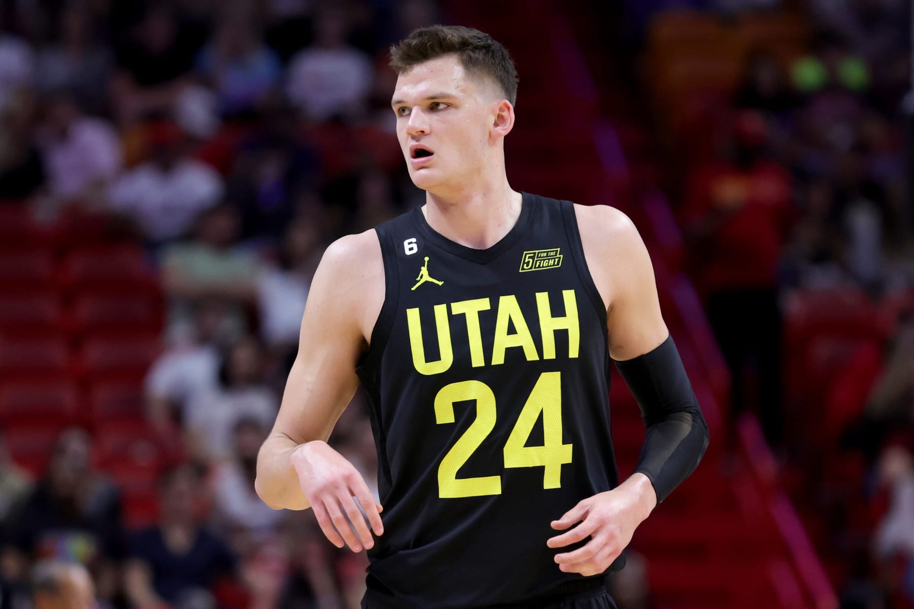 MIAMI, FLORIDA - MARCH 13: Walker Kessler #24 of the Utah Jazz looks on against the Miami Heat during the first quarter at Miami-Dade Arena on March 13, 2023 in Miami, Florida. NOTE TO USER: User expressly acknowledges and agrees that, by downloading and or using this photograph, User is consenting to the terms and conditions of the Getty Images License Agreement. (Photo by Megan Briggs/Getty Images)