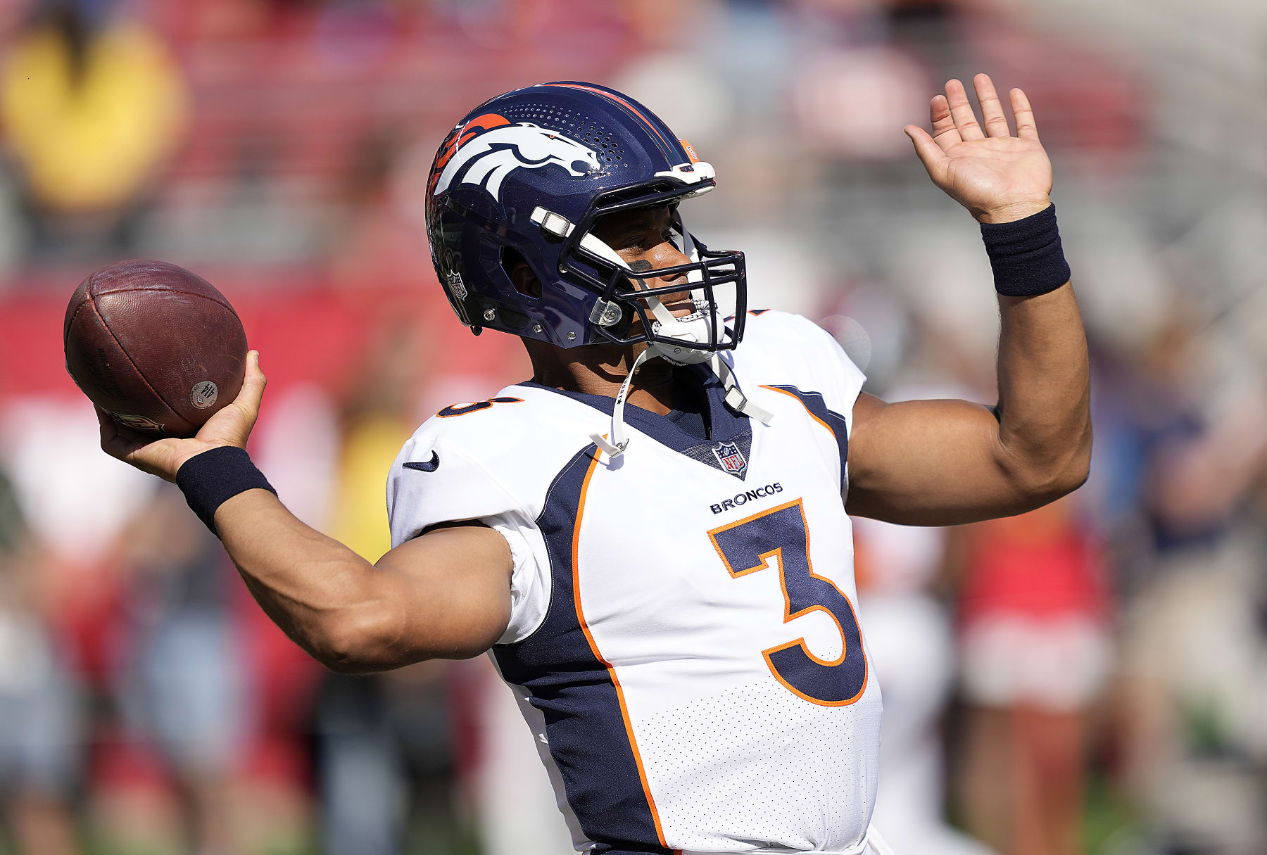 SANTA CLARA, CALIFORNIA - AUGUST 19: Russell Wilson #3 of the Denver Broncos warms up during pregame warm ups prior to playing the San Francisco 49ers at Levi's Stadium on August 19, 2023 in Santa Clara, California. (Photo by Thearon W. Henderson/Getty Images)