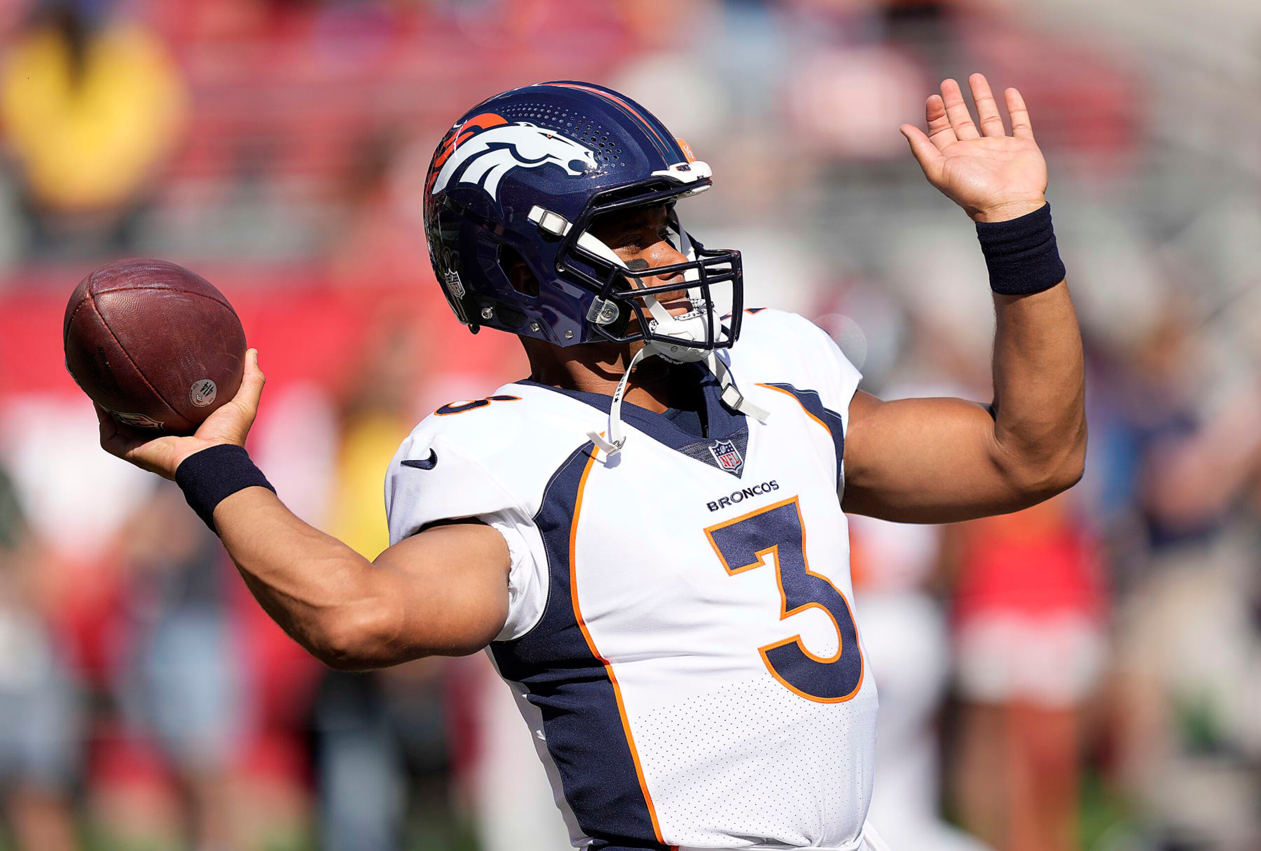 SANTA CLARA, CALIFORNIA - AUGUST 19: Russell Wilson #3 of the Denver Broncos warms up during pregame warm ups prior to playing the San Francisco 49ers at Levi's Stadium on August 19, 2023 in Santa Clara, California. (Photo by Thearon W. Henderson/Getty Images) SANTA CLARA, CALIFORNIA - AUGUST 19: Russell Wilson #3 of the Denver Broncos warms up during pregame warm ups prior to playing the San Francisco 49ers at Levi's Stadium on August 19, 2023 in Santa Clara, California. (Photo by Thearon W. Henderson/Getty Images)