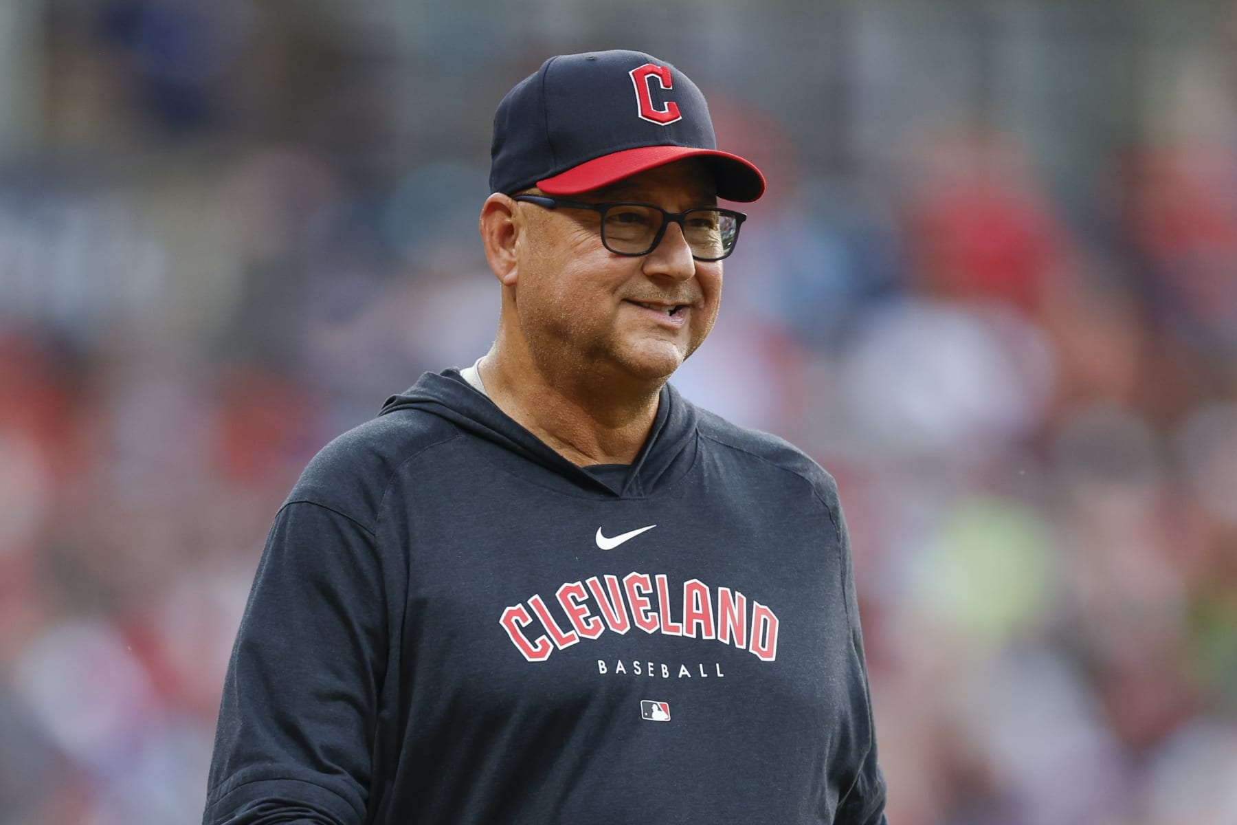 CLEVELAND, OH - JUNE 21: Terry Francona #77 of the Cleveland Guardians walks onto the field to check on an injured player during the fourth inning against the Oakland Athletics at Progressive Field on June 21, 2023 in Cleveland, Ohio. (Photo by Ron Schwane/Getty Images)