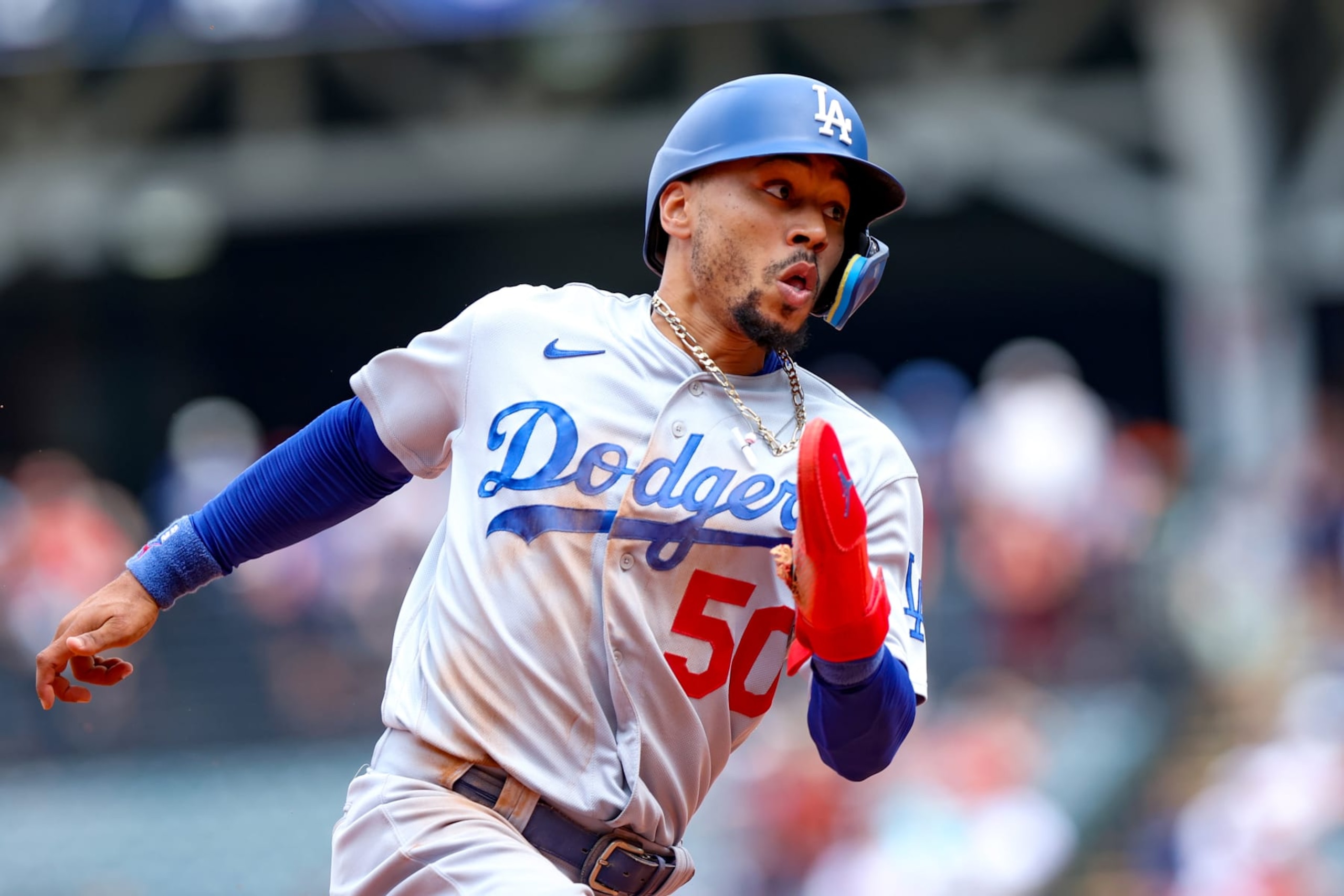 CLEVELAND, OH - AUGUST 24: Los Angeles Dodgers right fielder Mookie Betts (50) advances from first to third base on a double during the sixth inning of the Major League Baseball game between the Los Angeles Dodgers and Cleveland Guardians on August 24, 2023, at Progressive Field in Cleveland, OH. This was the completion of the game suspended due to weather on August 23, 2023. (Photo by Frank Jansky/Icon Sportswire via Getty Images) CLEVELAND, OH - AUGUST 24: Los Angeles Dodgers right fielder Mookie Betts (50) advances from first to third base on a double during the sixth inning of the Major League Baseball game between the Los Angeles Dodgers and Cleveland Guardians on August 24, 2023, at Progressive Field in Cleveland, OH. This was the completion of the game suspended due to weather on August 23, 2023. (Photo by Frank Jansky/Icon Sportswire via Getty Images)