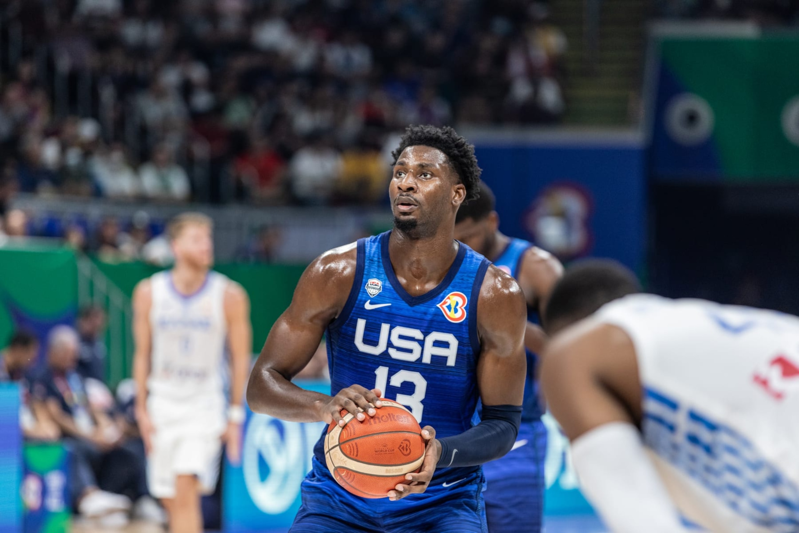 MANILA, PHILIPPINES - 2023/08/28: Jaren Jackson Jr. of the United States seen in action during the second game of the group phase of the FIBA Basketball World Cup 2023 between the United States and Greece at the Mall of Asia Arena-Manila. Final score; United States 109:81 Greece. (Photo by Nicholas Muller/SOPA Images/LightRocket via Getty Images) MANILA, PHILIPPINES - 2023/08/28: Jaren Jackson Jr. of the United States seen in action during the second game of the group phase of the FIBA Basketball World Cup 2023 between the United States and Greece at the Mall of Asia Arena-Manila. Final score; United States 109:81 Greece. (Photo by Nicholas Muller/SOPA Images/LightRocket via Getty Images)
