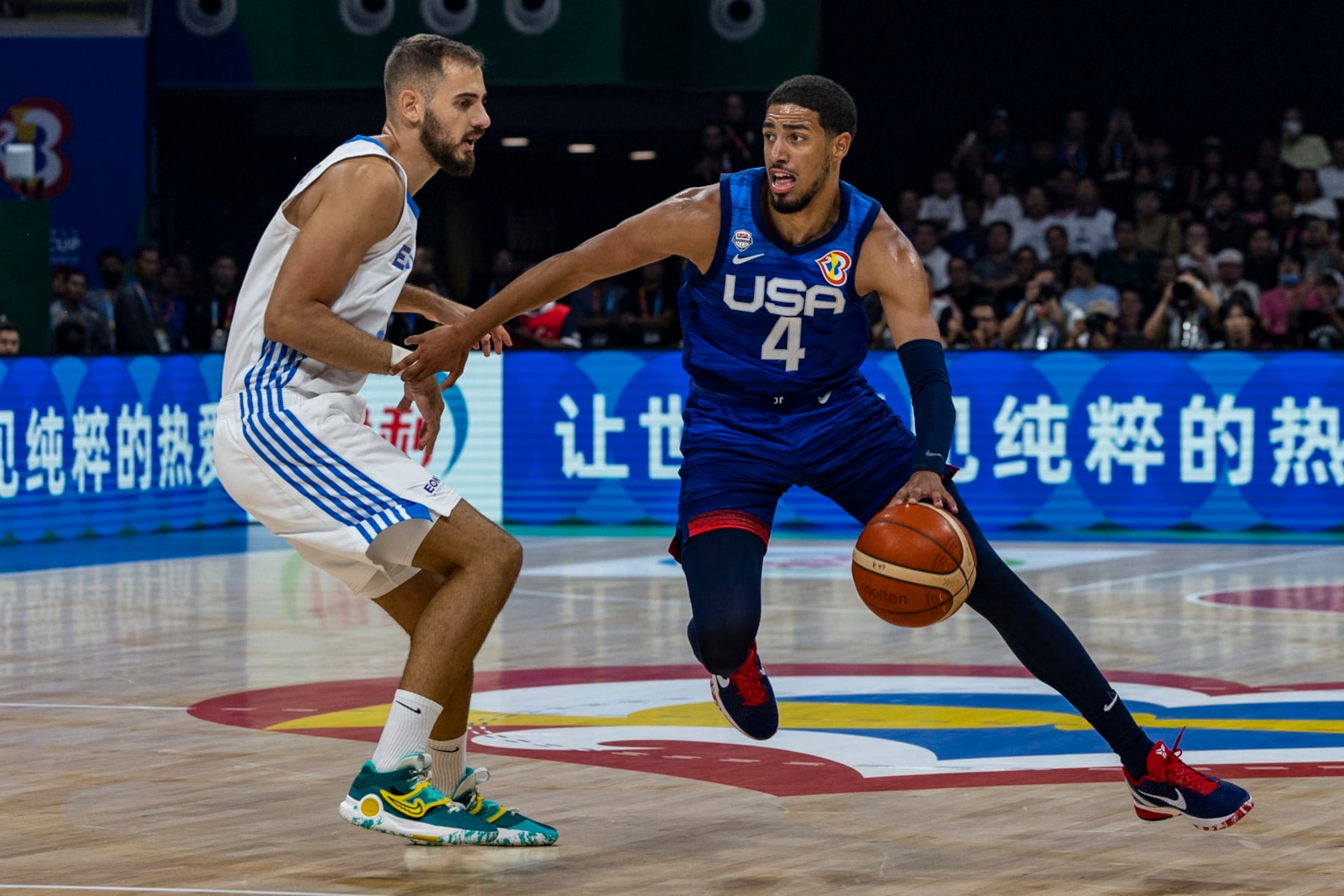 MANILA, PHILIPPINES - AUGUST 28: Tyrese Haliburton #4 of USA drives to the basket during the FIBA Basketball World Cup Group C game between Greece and United States at Mall of Asia Arena on August 28, 2023 in Pasay, Metro Manila, Philippines. (Photo by Ezra Acayan/Getty Images) MANILA, PHILIPPINES - AUGUST 28: Tyrese Haliburton #4 of USA drives to the basket during the FIBA Basketball World Cup Group C game between Greece and United States at Mall of Asia Arena on August 28, 2023 in Pasay, Metro Manila, Philippines. (Photo by Ezra Acayan/Getty Images)