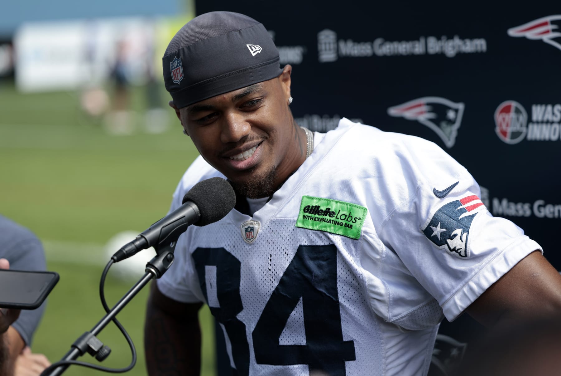 FOXBOROUGH, MA - JULY 30: New England Patriots wide receiver Kendrick Bourne (84) during New England Patriots Training Camp on July 30, 2023, at the Patriots Practice Facility at Gillette Stadium in Foxborough, Massachusetts. (Photo by Fred Kfoury III/Icon Sportswire via Getty Images)