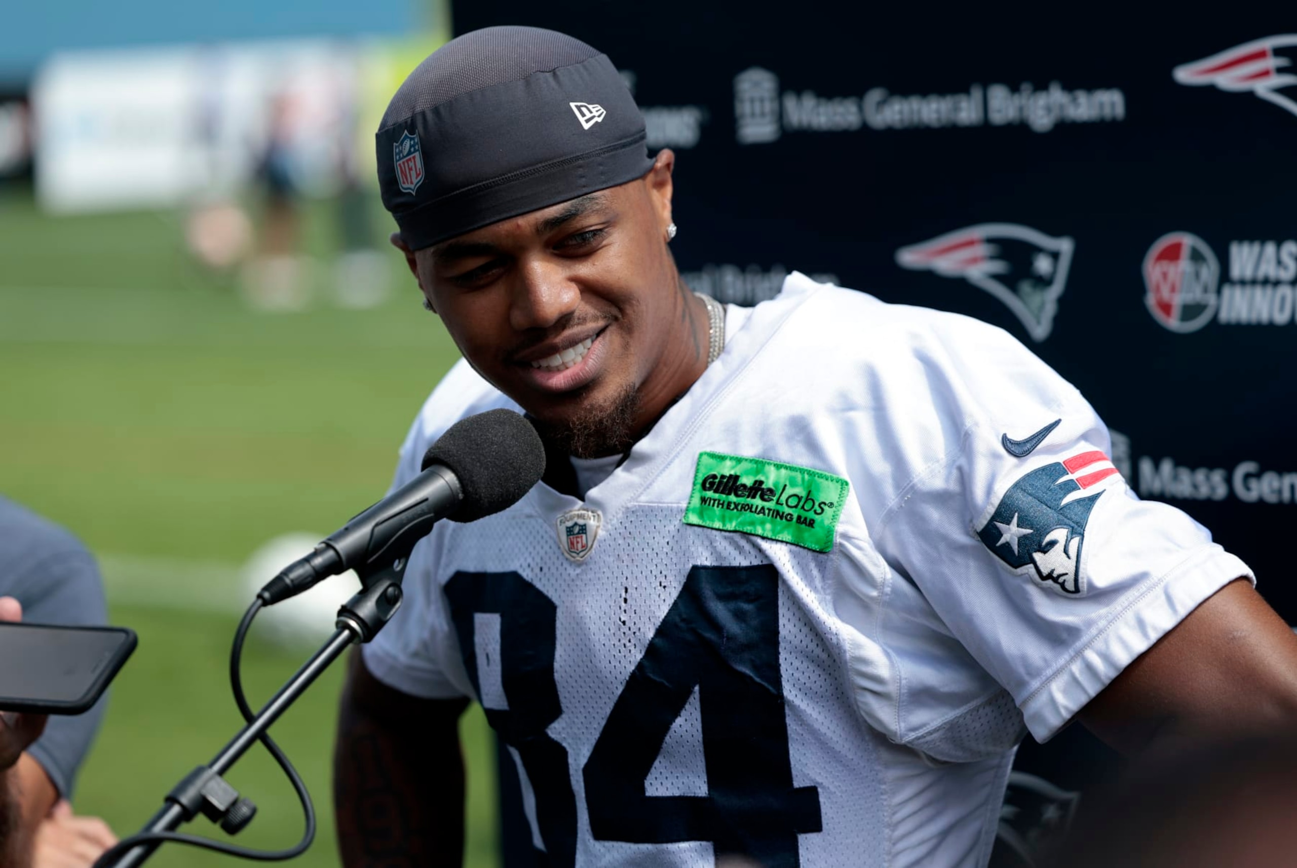 FOXBOROUGH, MA - JULY 30: New England Patriots wide receiver Kendrick Bourne (84) during New England Patriots Training Camp on July 30, 2023, at the Patriots Practice Facility at Gillette Stadium in Foxborough, Massachusetts. (Photo by Fred Kfoury III/Icon Sportswire via Getty Images)