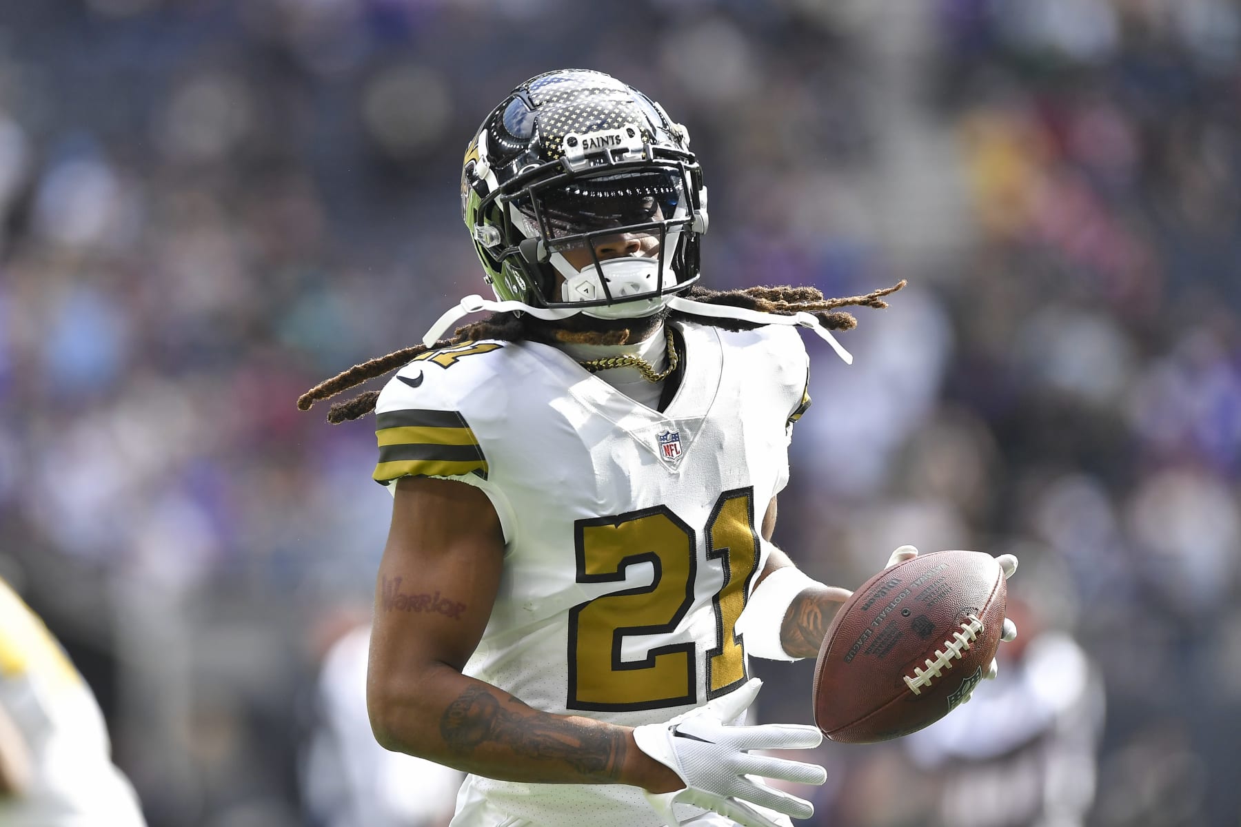 LONDON, ENGLAND - OCTOBER 02: Bradley Roby of New Orleans Saints controls the ball prior to the NFL match between Minnesota Vikings v New Orleans Saints at Tottenham Hotspur Stadium on October 2, 2022 in London, England. (Photo by Vincent Mignott/DeFodi Images via Getty Images)