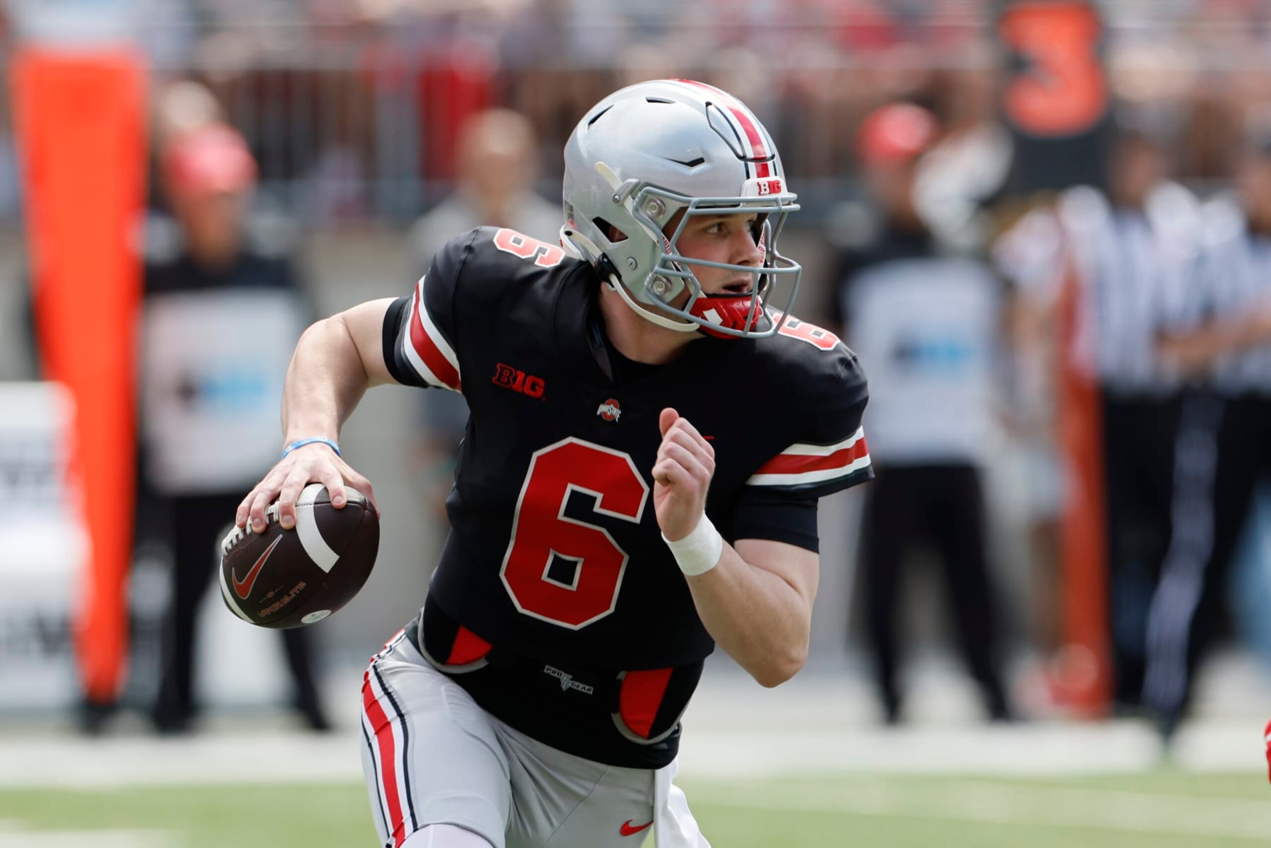 Ohio State quarterback Kyle McCord plays in their NCAA college football Spring game Saturday, April 15, 2023, in Columbus, Ohio. (AP Photo/Jay LaPrete)