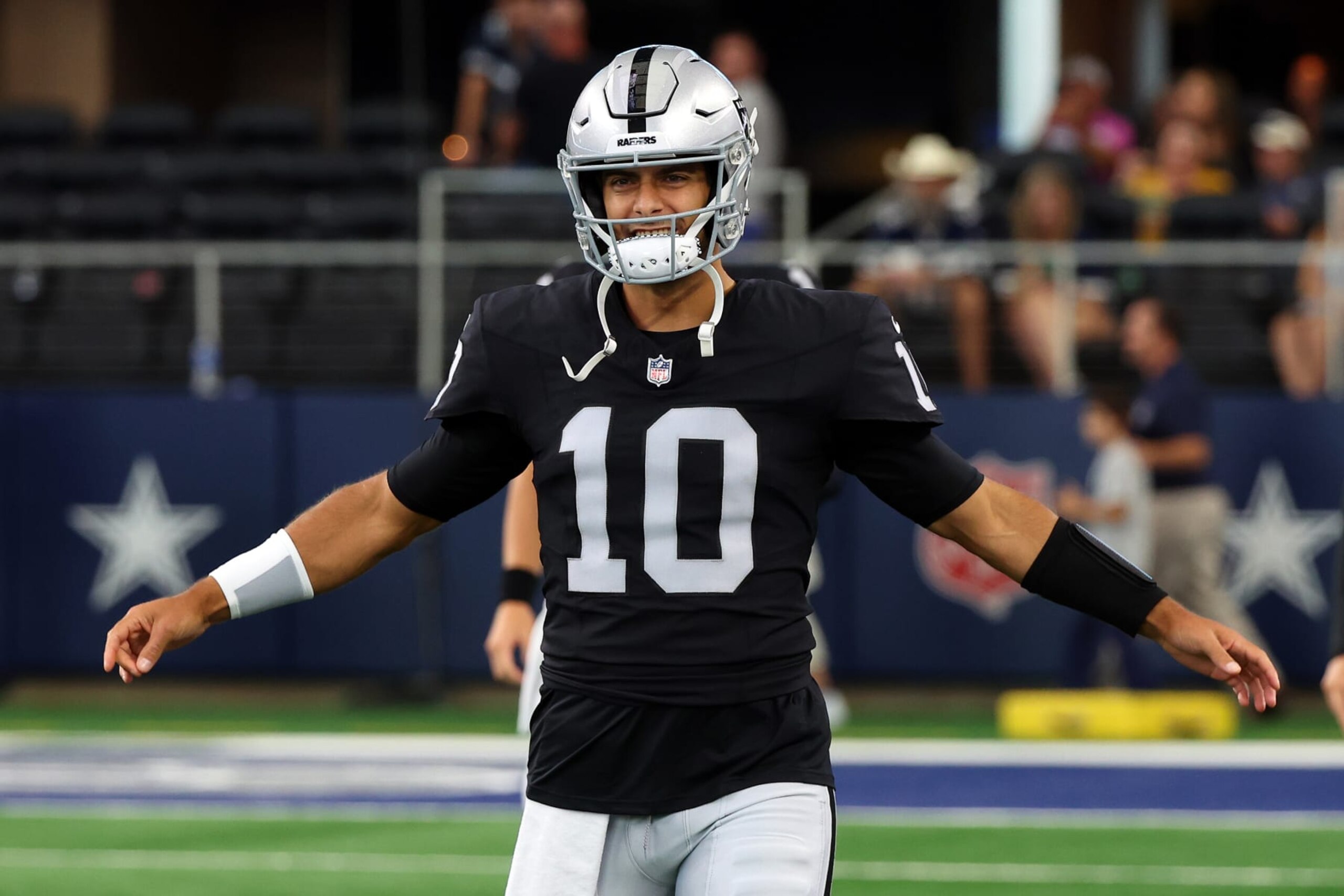 ARLINGTON, TEXAS - AUGUST 26: Jimmy Garoppolo #10 of the Las Vegas Raiders warms up before a preseason game against the Dallas Cowboys at AT&T Stadium on August 26, 2023 in Arlington, Texas. (Photo by Richard Rodriguez/Getty Images) ARLINGTON, TEXAS - AUGUST 26: Jimmy Garoppolo #10 of the Las Vegas Raiders warms up before a preseason game against the Dallas Cowboys at AT&T Stadium on August 26, 2023 in Arlington, Texas. (Photo by Richard Rodriguez/Getty Images)
