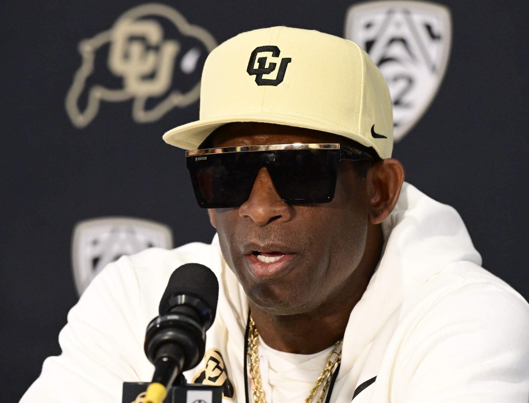 BOULDER, CO - AUGUST 11: Colorado Buffaloes head football coach Deion Sanders answers questions at the 70th annual Colorado University Fall Sports Media Day in Boulder August 11, 2023. (Photo by Andy Cross/MediaNews Group/The Denver Post via Getty Images)