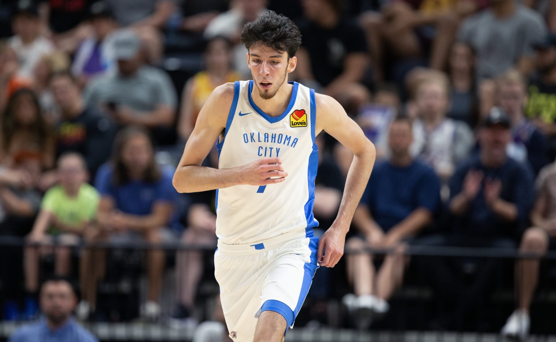SALT LAKE CITY, UT - JULY 3: Chet Holmgren #7 of the Oklahoma City Thunder runs up the court against the Utah Jazz during the first half of their NBA Summer League game July 3, 2023 at the Delta Center in Salt Lake City, Utah. NOTE TO USER: User expressly acknowledges and agrees that, by downloading and/or using this Photograph, user is consenting to the terms and conditions of the Getty Images License Agreement.(Photo by Chris Gardner/Getty Images)