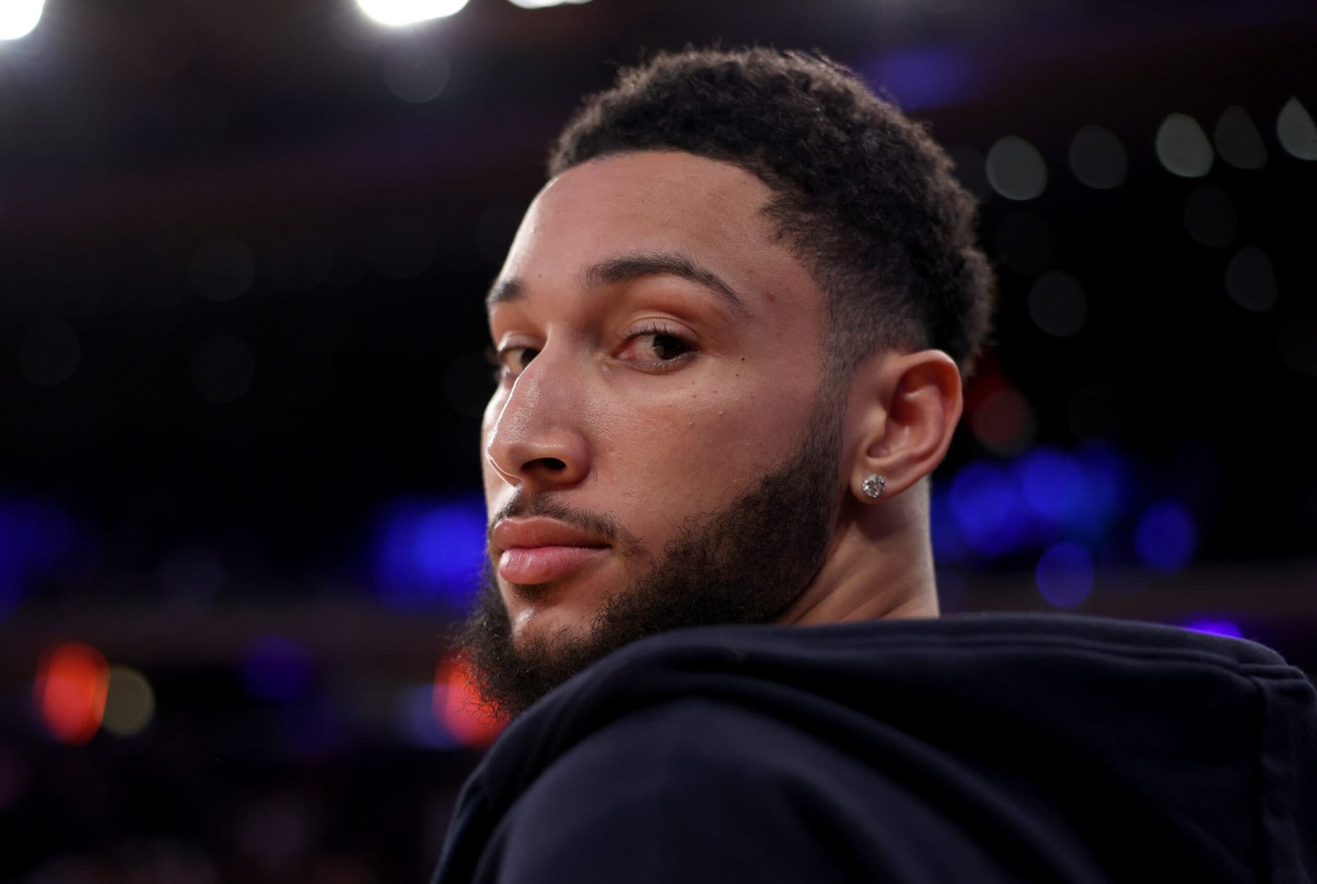 NEW YORK, NEW YORK - MARCH 01: Ben Simmons #10 of the Brooklyn Nets looks on during the final seconds of the game against the New York Knicks at Madison Square Garden on March 01, 2023 in New York City. The New York Knicks defeated the Brooklyn Nets 149-118. NOTE TO USER: User expressly acknowledges and agrees that, by downloading and or using this photograph, User is consenting to the terms and conditions of the Getty Images License Agreement. (Photo by Elsa/Getty Images)