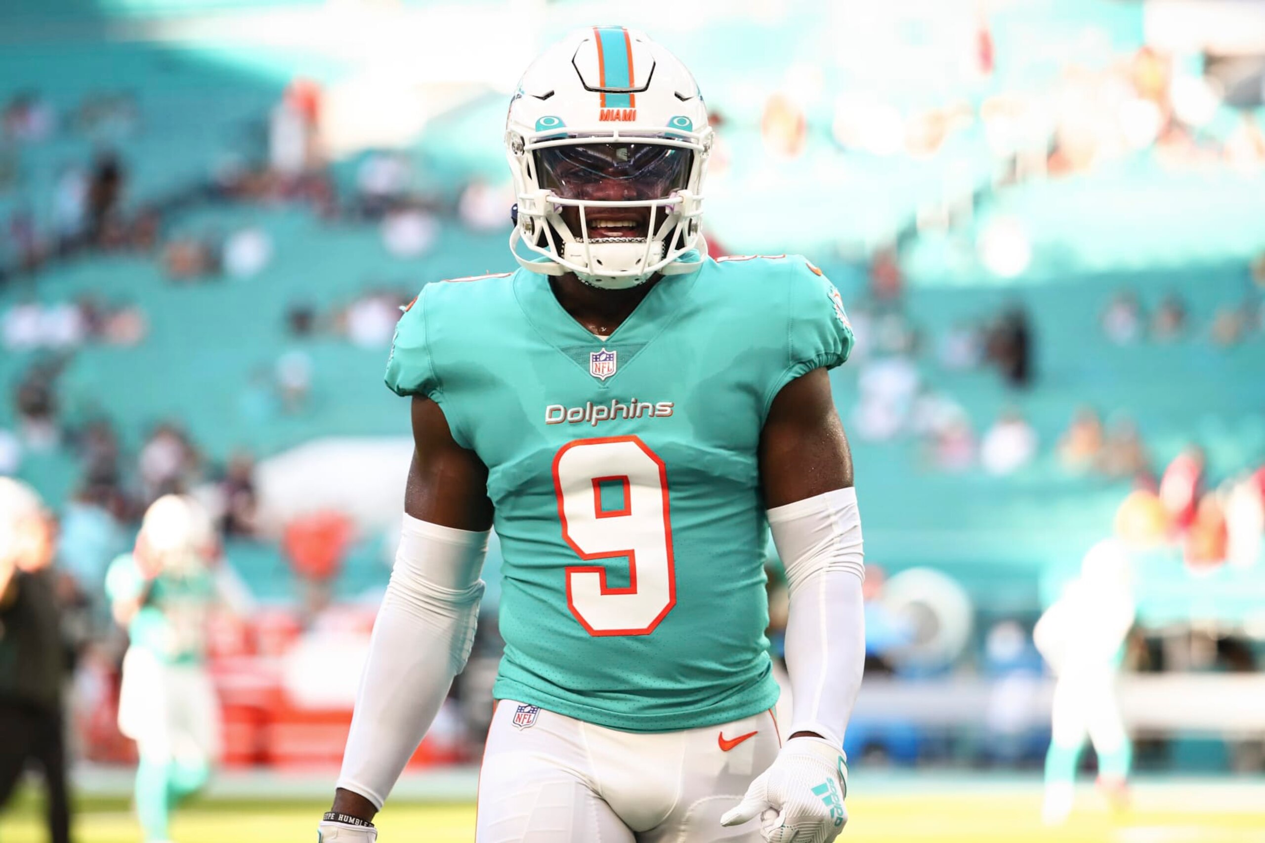 MIAMI GARDENS, FL - AUGUST 21: Noah Igbinoghene #9 of the Miami Dolphins smiles prior to an NFL preseason game against the Atlanta Falcons at Hard Rock Stadium on August 21, 2021 in Miami Gardens, Florida. (Photo by Kevin Sabitus/Getty Images)