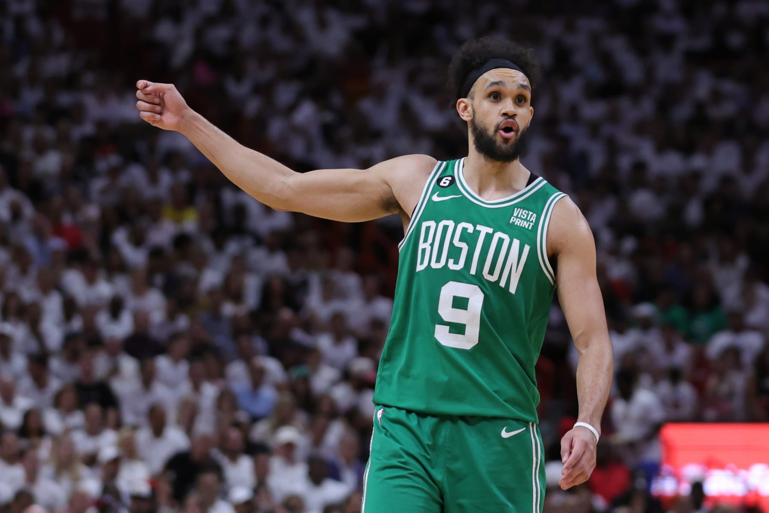 MIAMI, FLORIDA - MAY 23: Derrick White #9 of the Boston Celtics reacts against the Miami Heat during the fourth quarter in game four of the Eastern Conference Finals at Kaseya Center on May 23, 2023 in Miami, Florida. NOTE TO USER: User expressly acknowledges and agrees that, by downloading and or using this photograph, User is consenting to the terms and conditions of the Getty Images License Agreement. (Photo by Megan Briggs/Getty Images)