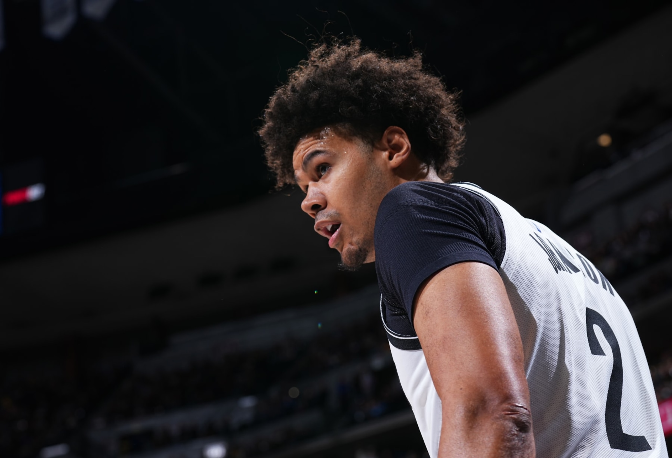 DENVER, CO - MARCH 12: Cameron Johnson #2 of the Brooklyn Nets looks on during the game against the Denver Nuggets on March 12, 2023 at the Ball Arena in Denver, Colorado. NOTE TO USER: User expressly acknowledges and agrees that, by downloading and/or using this Photograph, user is consenting to the terms and conditions of the Getty Images License Agreement. Mandatory Copyright Notice: Copyright 2023 NBAE (Photo by Garrett Ellwood/NBAE via Getty Images)