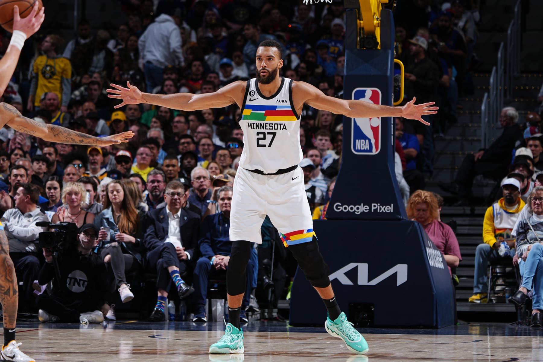 DENVER, CO - APRIL 19: Rudy Gobert #27 of the Minnesota Timberwolves plays defense during Round 1 Game 2 of the 2023 NBA Playoffs against the Denver Nuggets on April 19, 2023 at the Ball Arena in Denver, Colorado. NOTE TO USER: User expressly acknowledges and agrees that, by downloading and/or using this Photograph, user is consenting to the terms and conditions of the Getty Images License Agreement. Mandatory Copyright Notice: Copyright 2023 NBAE (Photo by Garrett Ellwood/NBAE via Getty Images)