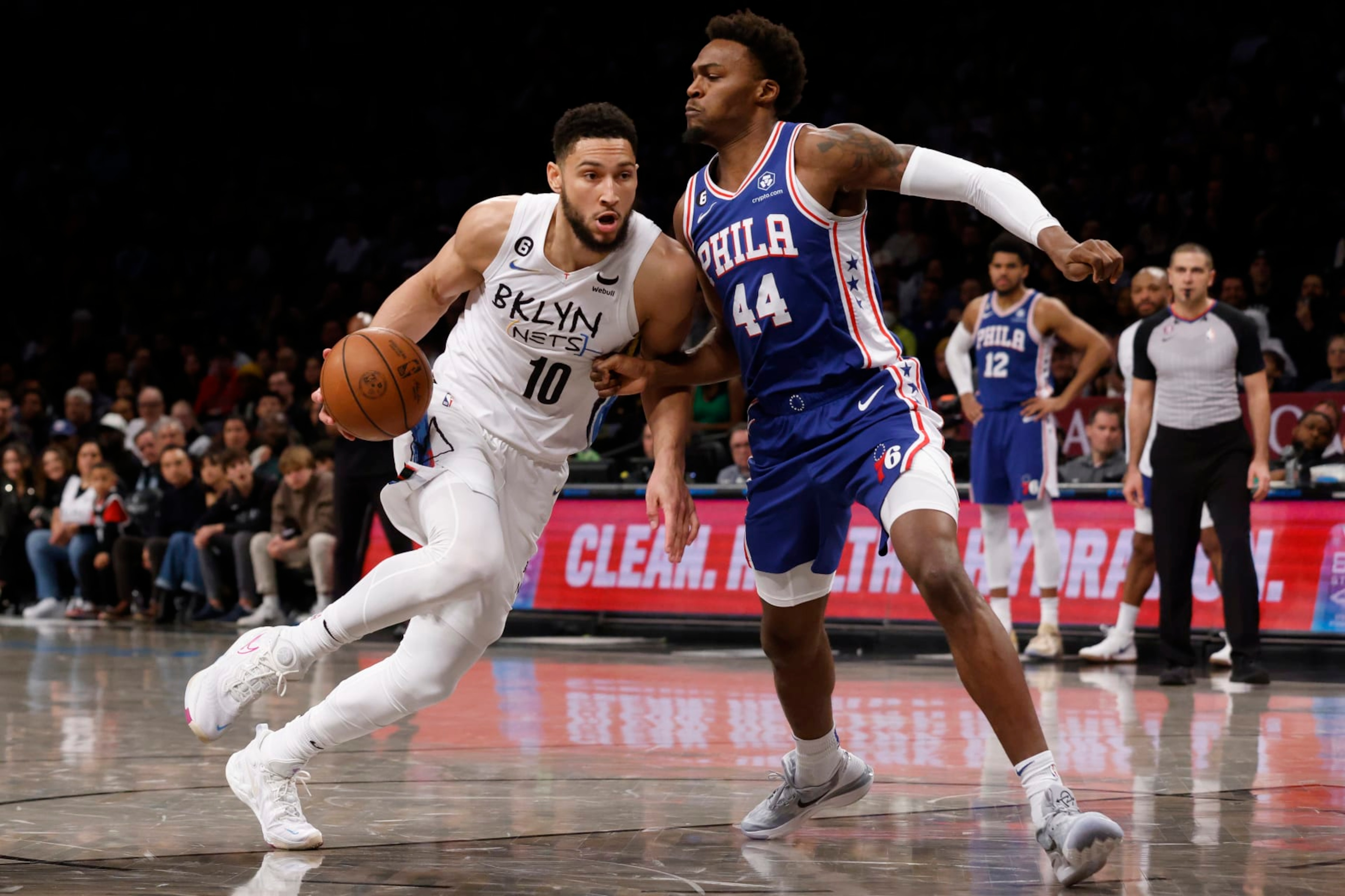 Brooklyn Nets' Ben Simmons (10), of Australia, drives against Philadelphia 76ers' Paul Reed (44) during the fourth quarter of an NBA basketball game Saturday, Feb. 11, 2023, in New York. (AP Photo/Jason DeCrow) Brooklyn Nets' Ben Simmons (10), of Australia, drives against Philadelphia 76ers' Paul Reed (44) during the fourth quarter of an NBA basketball game Saturday, Feb. 11, 2023, in New York. (AP Photo/Jason DeCrow)