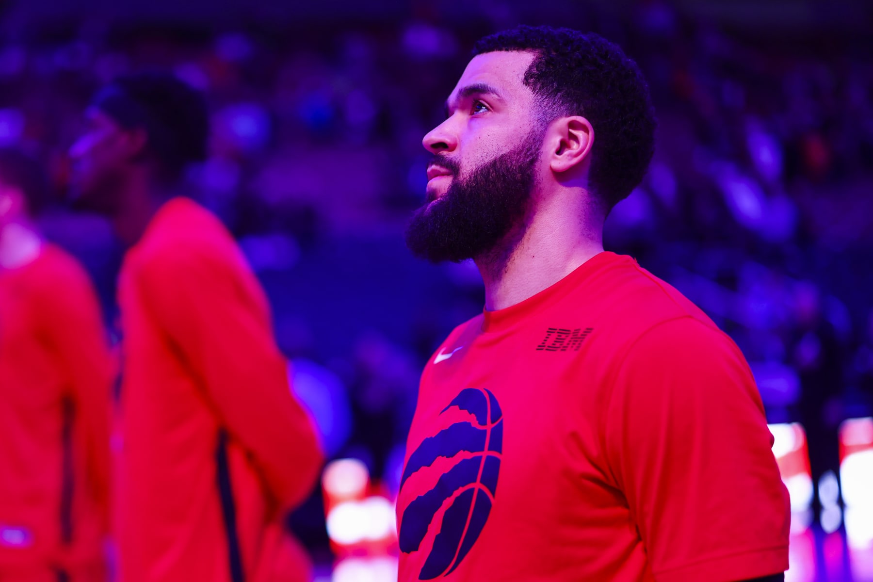 TORONTO, CANADA - MARCH 28: Fred VanVleet #23 of the Toronto Raptors stands for the National Anthem before the game against the Miami Heat on March 28, 2023 at the Scotiabank Arena in Toronto, Ontario, Canada.  NOTE TO USER: User expressly acknowledges and agrees that, by downloading and or using this Photograph, user is consenting to the terms and conditions of the Getty Images License Agreement.  Mandatory Copyright Notice: Copyright 2023 NBAE (Photo by Vaughn Ridley/NBAE via Getty Images)