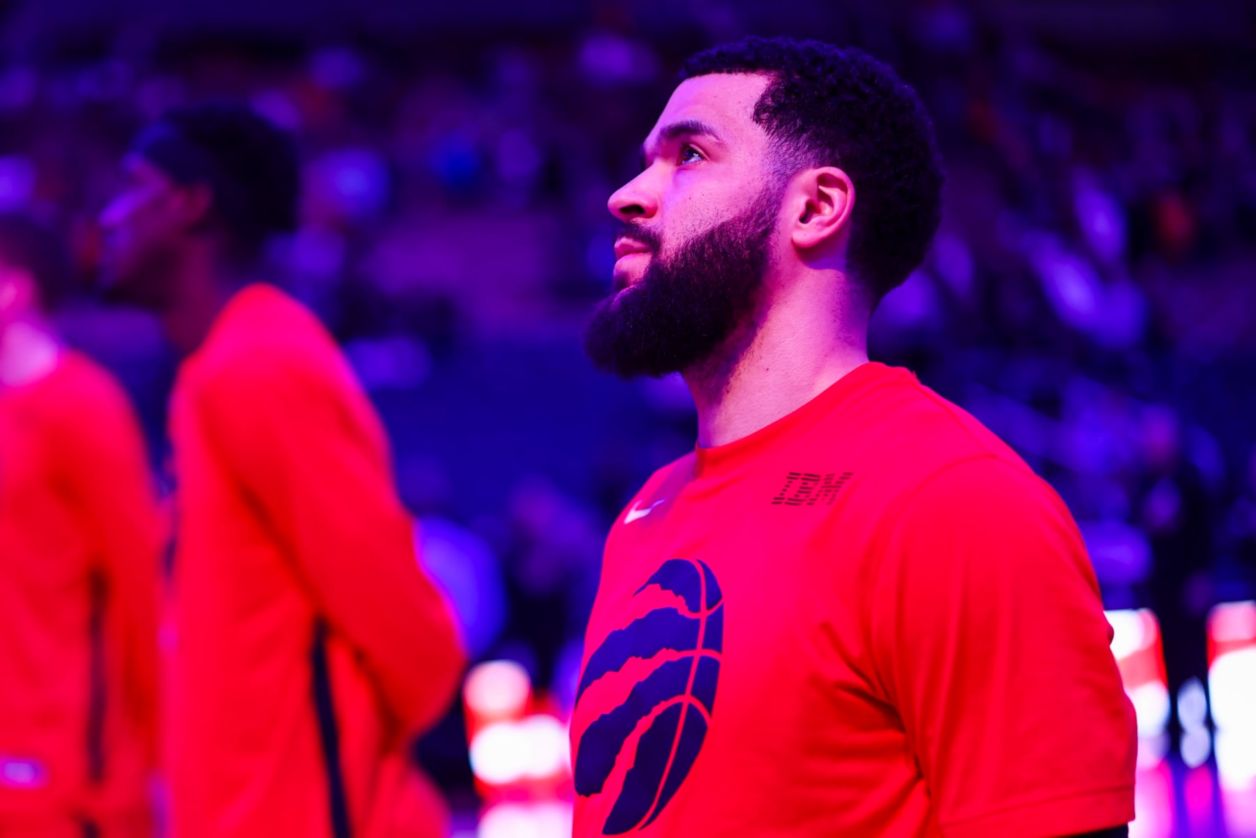 TORONTO, CANADA - MARCH 28: Fred VanVleet #23 of the Toronto Raptors stands for the National Anthem before the game against the Miami Heat on March 28, 2023 at the Scotiabank Arena in Toronto, Ontario, Canada.  NOTE TO USER: User expressly acknowledges and agrees that, by downloading and or using this Photograph, user is consenting to the terms and conditions of the Getty Images License Agreement.  Mandatory Copyright Notice: Copyright 2023 NBAE (Photo by Vaughn Ridley/NBAE via Getty Images)