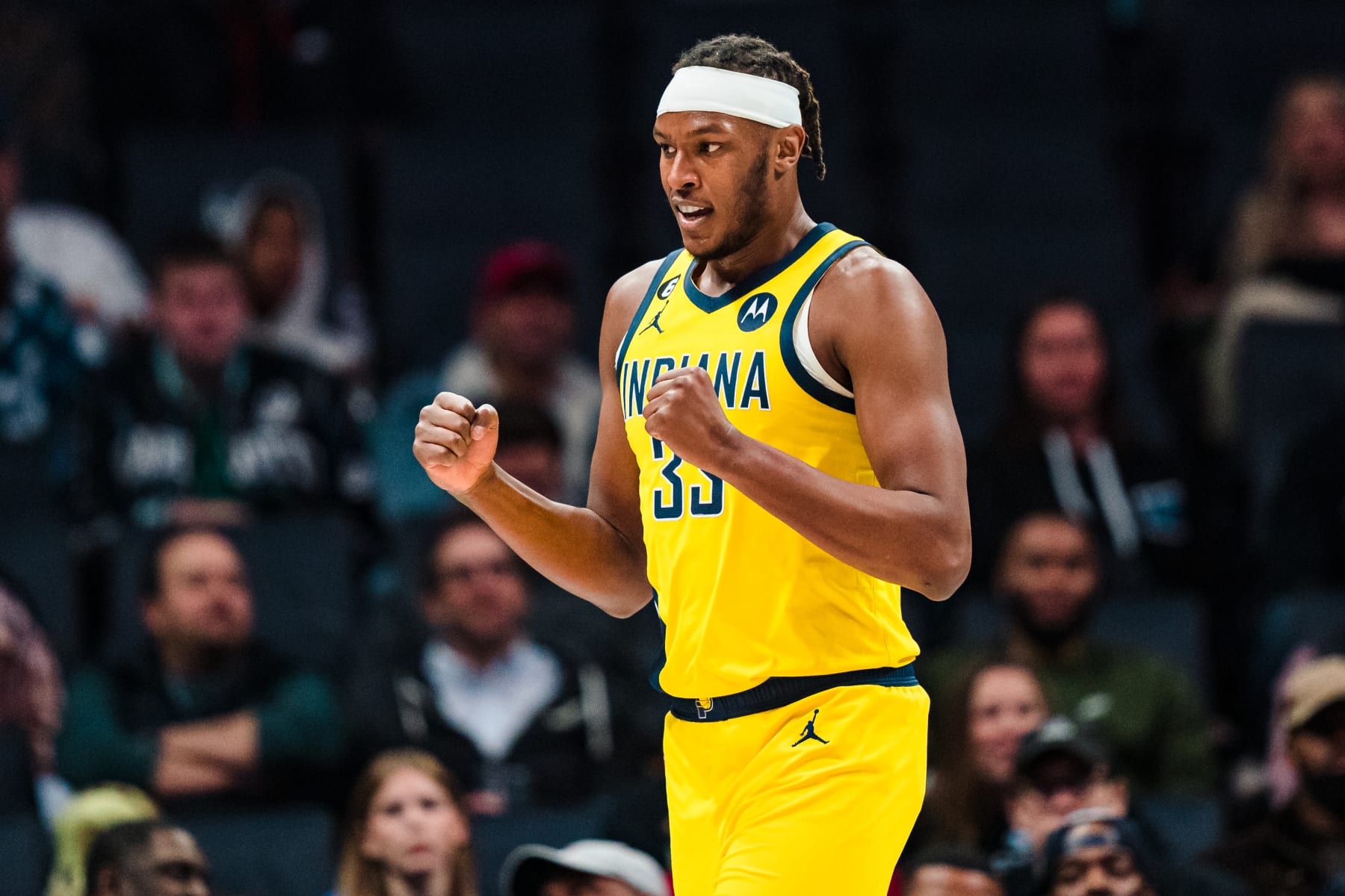 CHARLOTTE, NORTH CAROLINA - MARCH 20: Myles Turner #33 of the Indiana Pacers reacts in the first quarter during their game against the Charlotte Hornets at Spectrum Center on March 20, 2023 in Charlotte, North Carolina. NOTE TO USER: User expressly acknowledges and agrees that, by downloading and or using this photograph, User is consenting to the terms and conditions of the Getty Images License Agreement. (Photo by Jacob Kupferman/Getty Images)