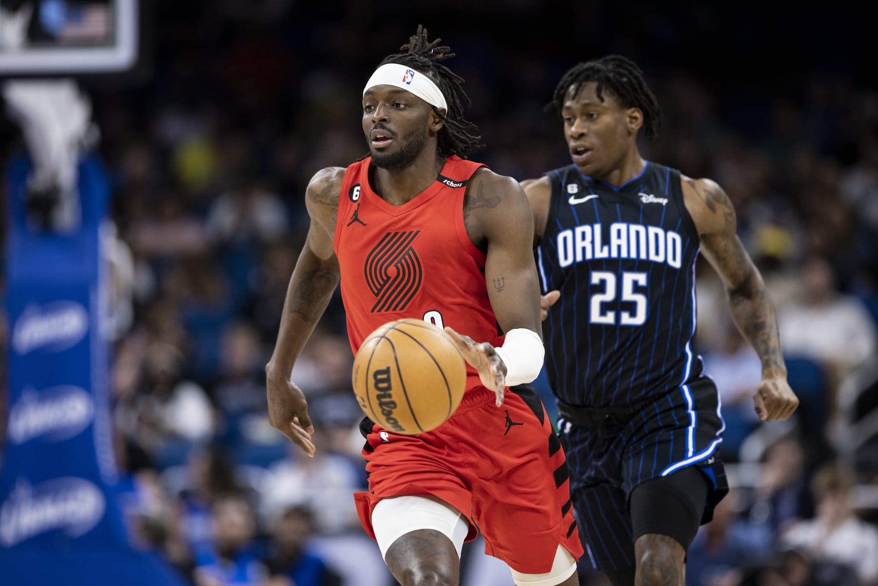 ORLANDO, FLORIDA - MARCH 05: Jerami Grant #9 of the Portland Trail Blazers dribbles the ball during the first half of a game against the Orlando Magic at the Amway Center on March 05, 2023 in Orlando, Florida. NOTE TO USER: User expressly acknowledges and agrees that, by downloading and or using this photograph, User is consenting to the terms and conditions of the Getty Images License Agreement. (Photo by James Gilbert/Getty Images)