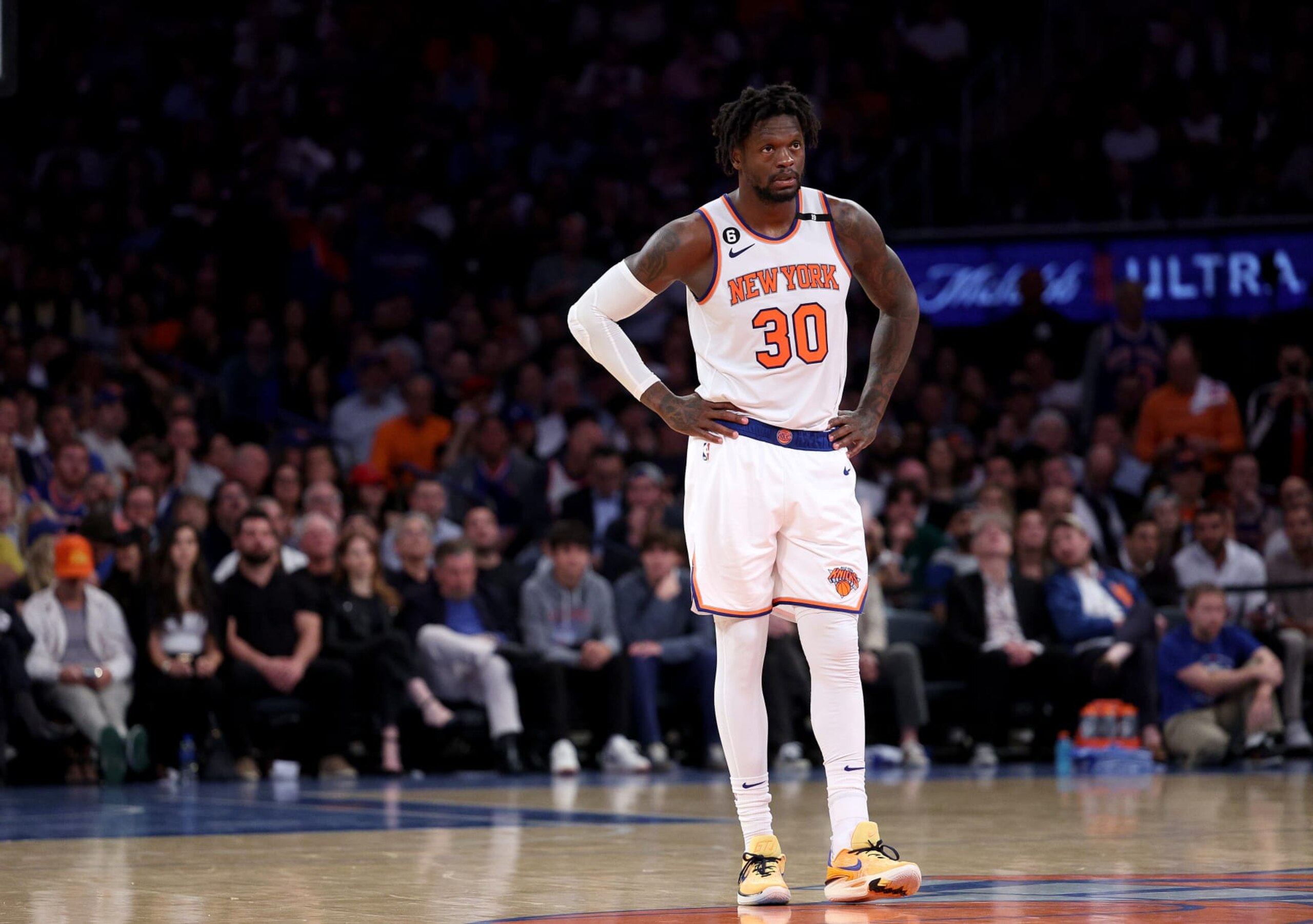 NEW YORK, NEW YORK - MAY 10: Julius Randle #30 of the New York Knicks reacts in the fourth quarter against the Miami Heat during game five of the Eastern Conference semifinals at Madison Square Garden on May 10, 2023 in New York City. The New York Knicks defeated the Miami Heat 112-103. NOTE TO USER: User expressly acknowledges and agrees that, by downloading and or using this photograph, User is consenting to the terms and conditions of the Getty Images License Agreement. (Photo by Elsa/Getty Images)