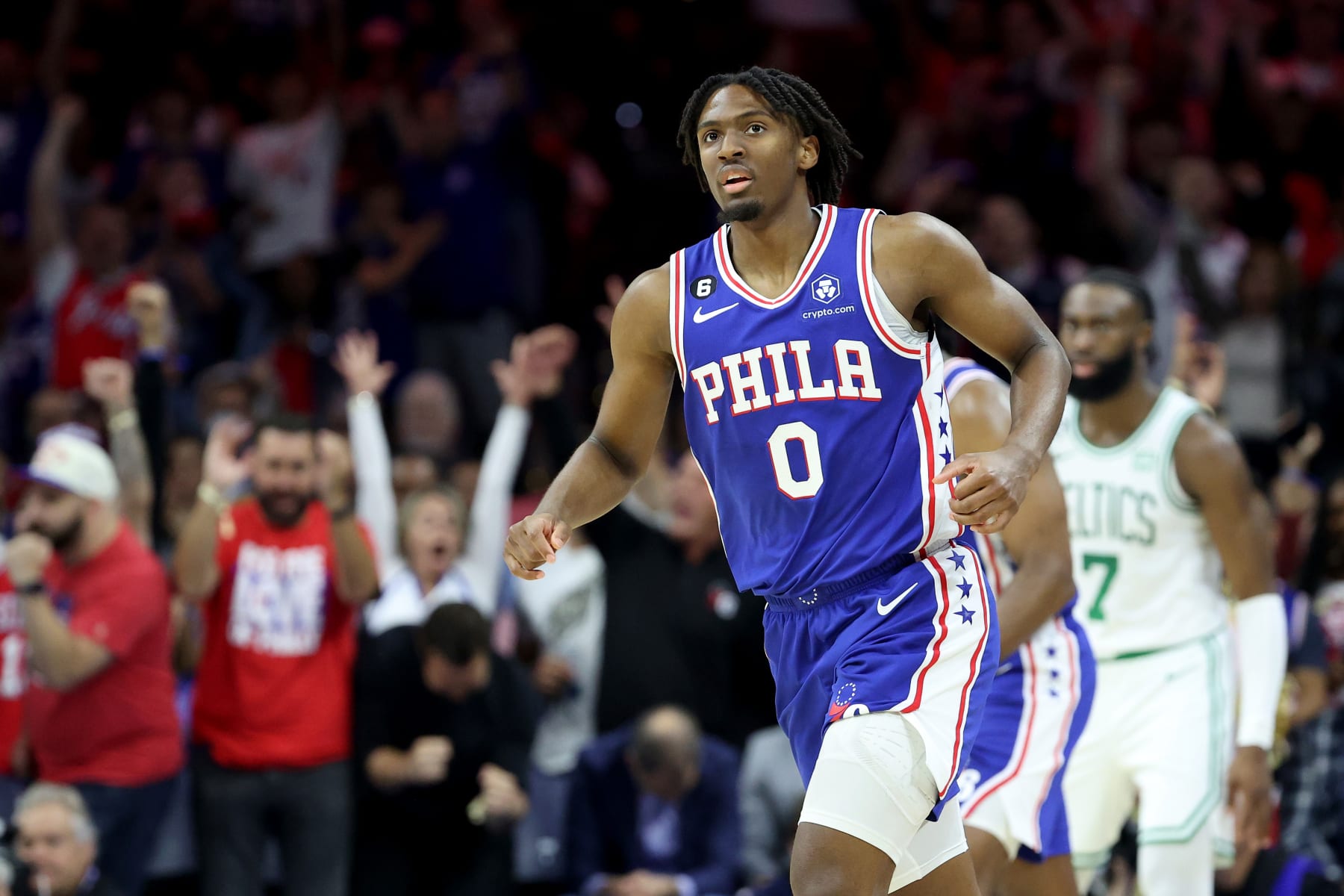 PHILADELPHIA, PENNSYLVANIA - MAY 11: Tyrese Maxey #0 of the Philadelphia 76ers celebrates a basket against the Boston Celtics during the second quarter in game six of the Eastern Conference Semifinals in the 2023 NBA Playoffs at Wells Fargo Center on May 11, 2023 in Philadelphia, Pennsylvania. NOTE TO USER: User expressly acknowledges and agrees that, by downloading and or using this photograph, User is consenting to the terms and conditions of the Getty Images License Agreement. (Photo by Tim Nwachukwu/Getty Images)