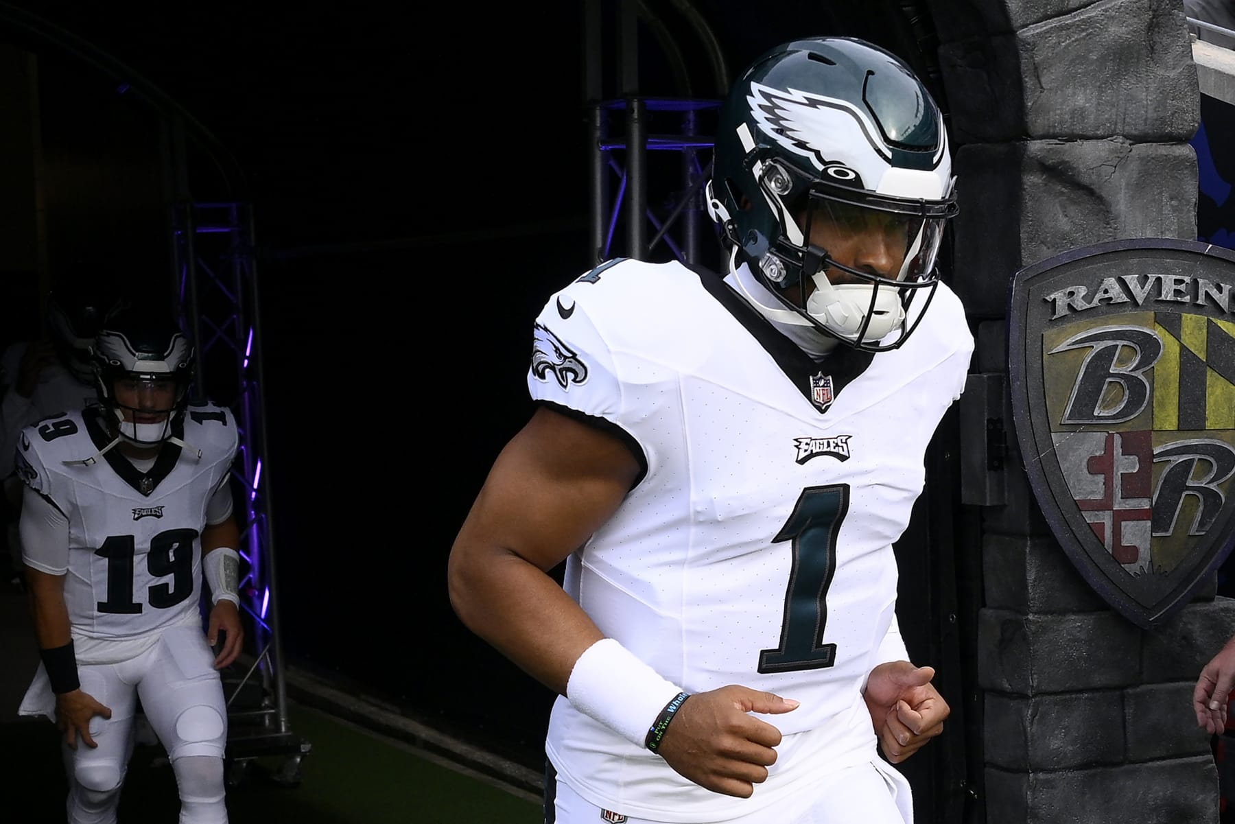 Philadelphia Eagles quarterback Jalen Hurts (1) walks onto the field before an NFL preseason football game against the Baltimore Ravens in Baltimore, Saturday, Aug. 12, 2023. (AP Photo/Nick Wass)
