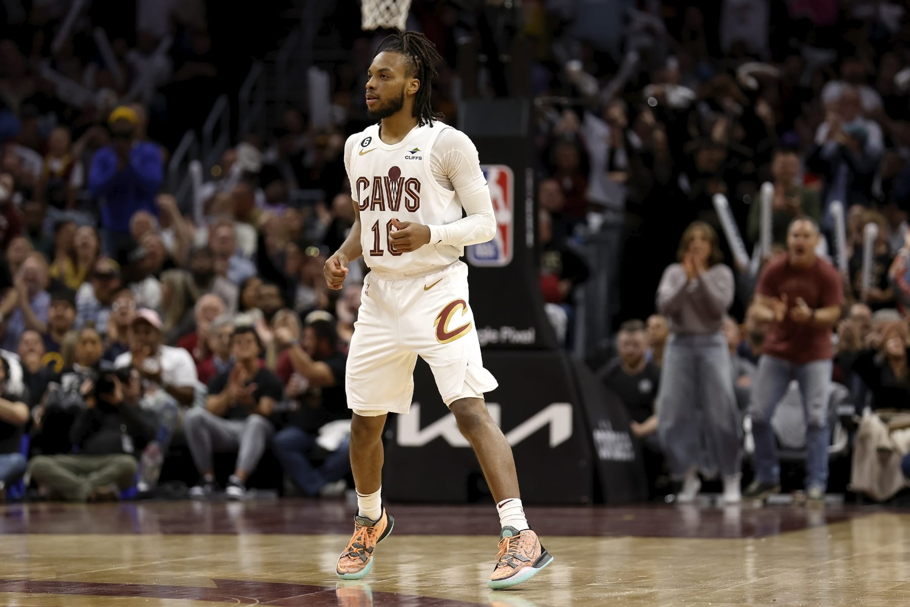 CLEVELAND, OH - APRIL 26:  Darius Garland #10 of the Cleveland Cavaliers falls back on defense during Game Five of the Eastern Conference First Round Playoffs against the New York Knicks at Rocket Mortgage Fieldhouse on April 26, 2023 in Cleveland, Ohio. New York defeated Cleveland 106-95 to win the series 4-1. NOTE TO USER: User expressly acknowledges and agrees that, by downloading and or using this photograph, User is consenting to the terms and conditions of the Getty Images License Agreement. (Photo by Kirk Irwin/Getty Images)
