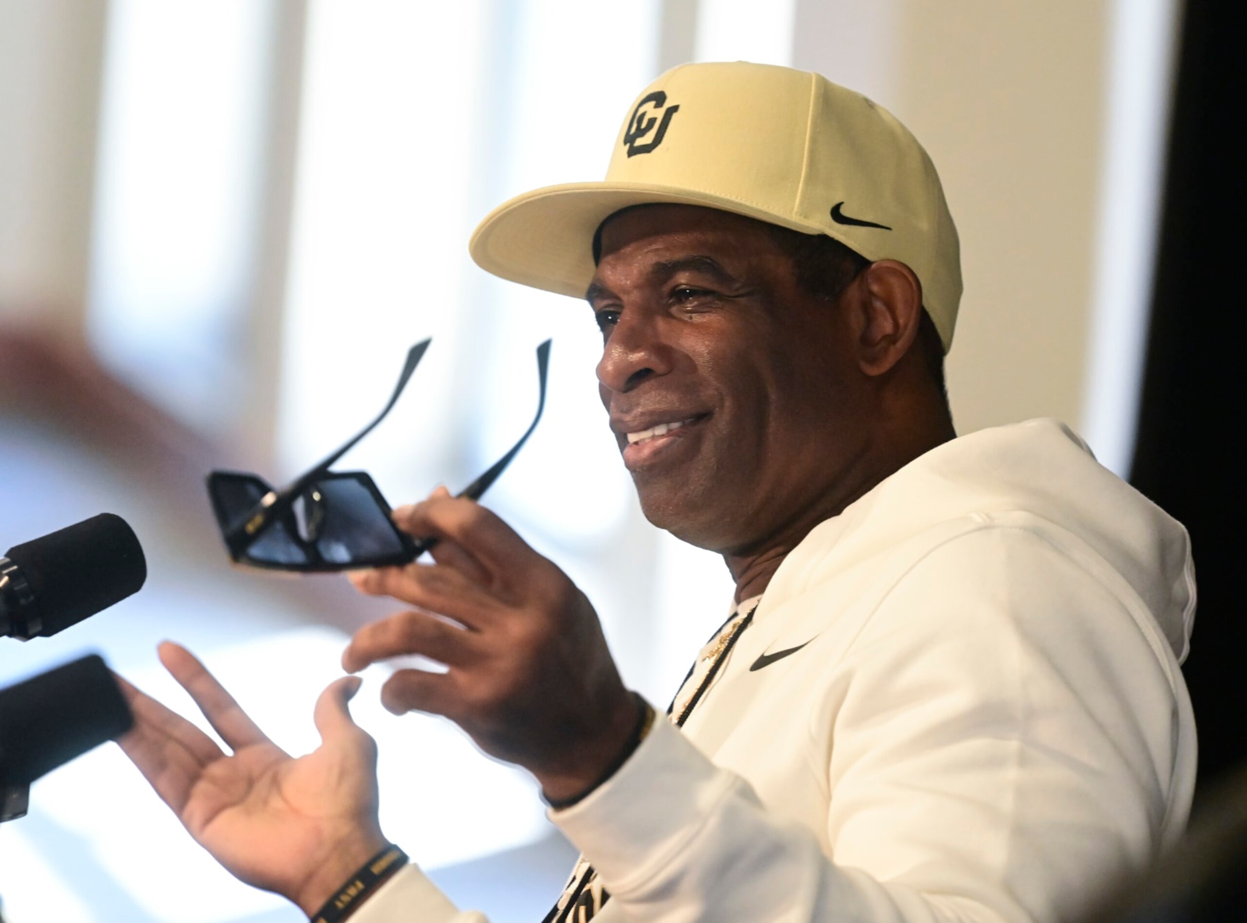 BOULDER, CO - AUGUST 11: Colorado Buffaloes head football coach Deion Sanders answers questions at the 70th annual Colorado University Fall Sports Media Day in Boulder August 11, 2023. (Photo by Andy Cross/MediaNews Group/The Denver Post via Getty Images)