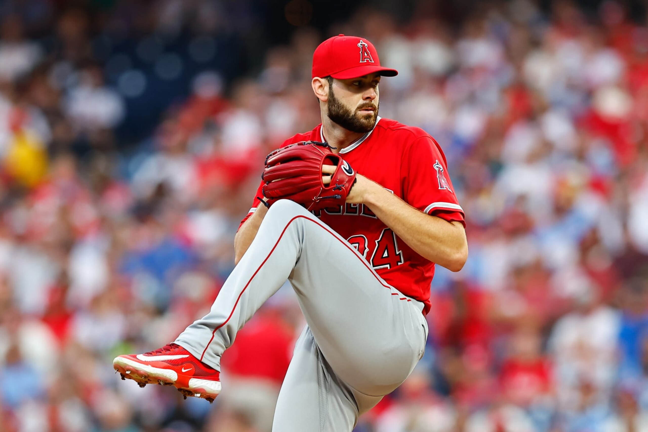 PHILADELPHIA, PA - AUGUST 28:  Lucas Giolito #24 of the Los Angeles Angels pitches during the Major League Baseball game against the Philadelphia Phillies on August 28, 2023 at Citizens Bank Park in Philadelphia, Pennsylvania.  (Photo by Rich Graessle/Icon Sportswire via Getty Images)