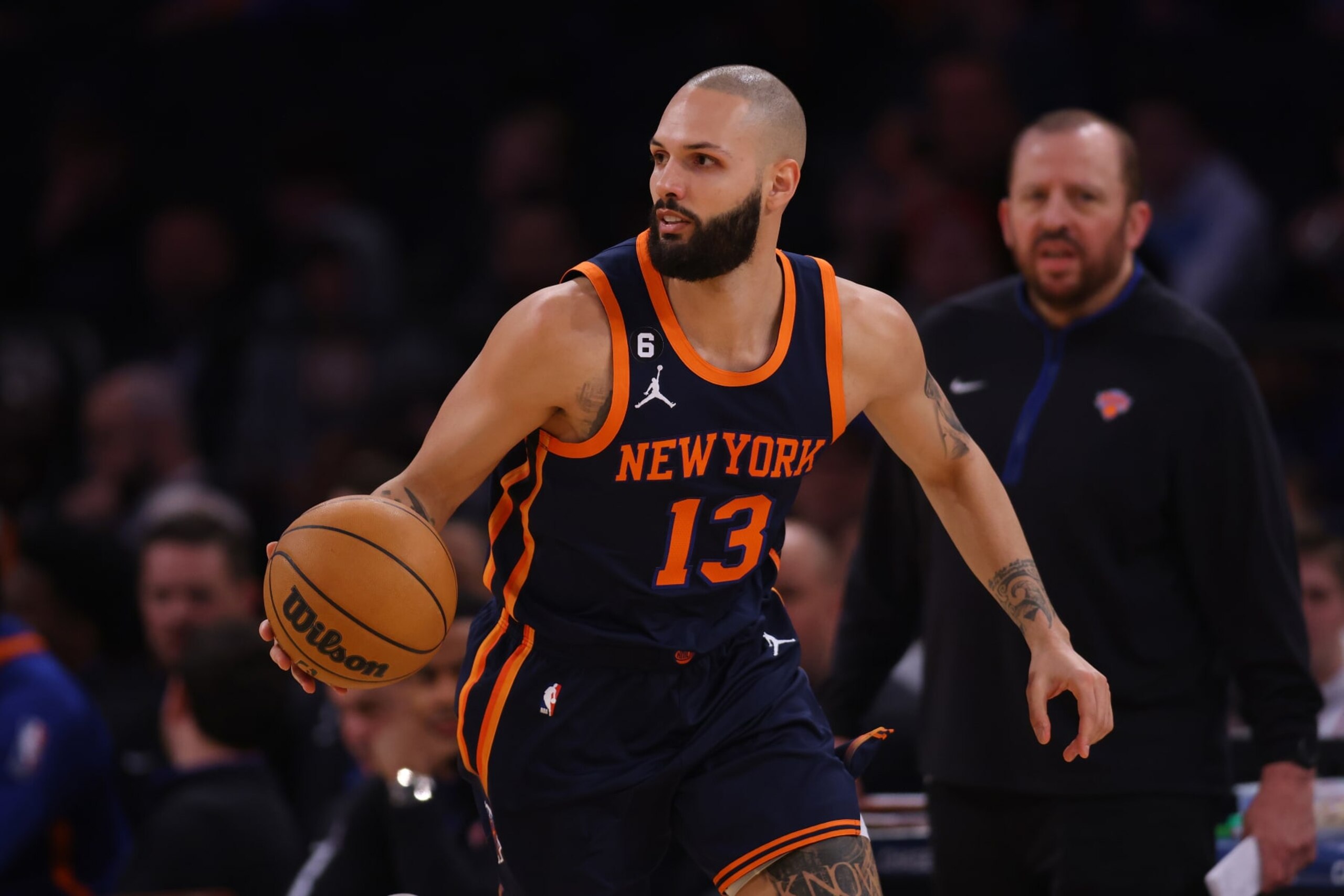 NEW YORK, NEW YORK - JANUARY 02: Evan Fournier #13 of the New York Knicks in action against the Phoenix Suns at Madison Square Garden on January 02, 2023 in New York City. NOTE TO USER: User expressly acknowledges and agrees that, by downloading and or using this Photograph, user is consenting to the terms and conditions of the Getty Images License Agreement. New York Knicks defeated the Phoenix Suns 102-83. (Photo by Mike Stobe/Getty Images) NEW YORK, NEW YORK - JANUARY 02: Evan Fournier #13 of the New York Knicks in action against the Phoenix Suns at Madison Square Garden on January 02, 2023 in New York City. NOTE TO USER: User expressly acknowledges and agrees that, by downloading and or using this Photograph, user is consenting to the terms and conditions of the Getty Images License Agreement. New York Knicks defeated the Phoenix Suns 102-83. (Photo by Mike Stobe/Getty Images)