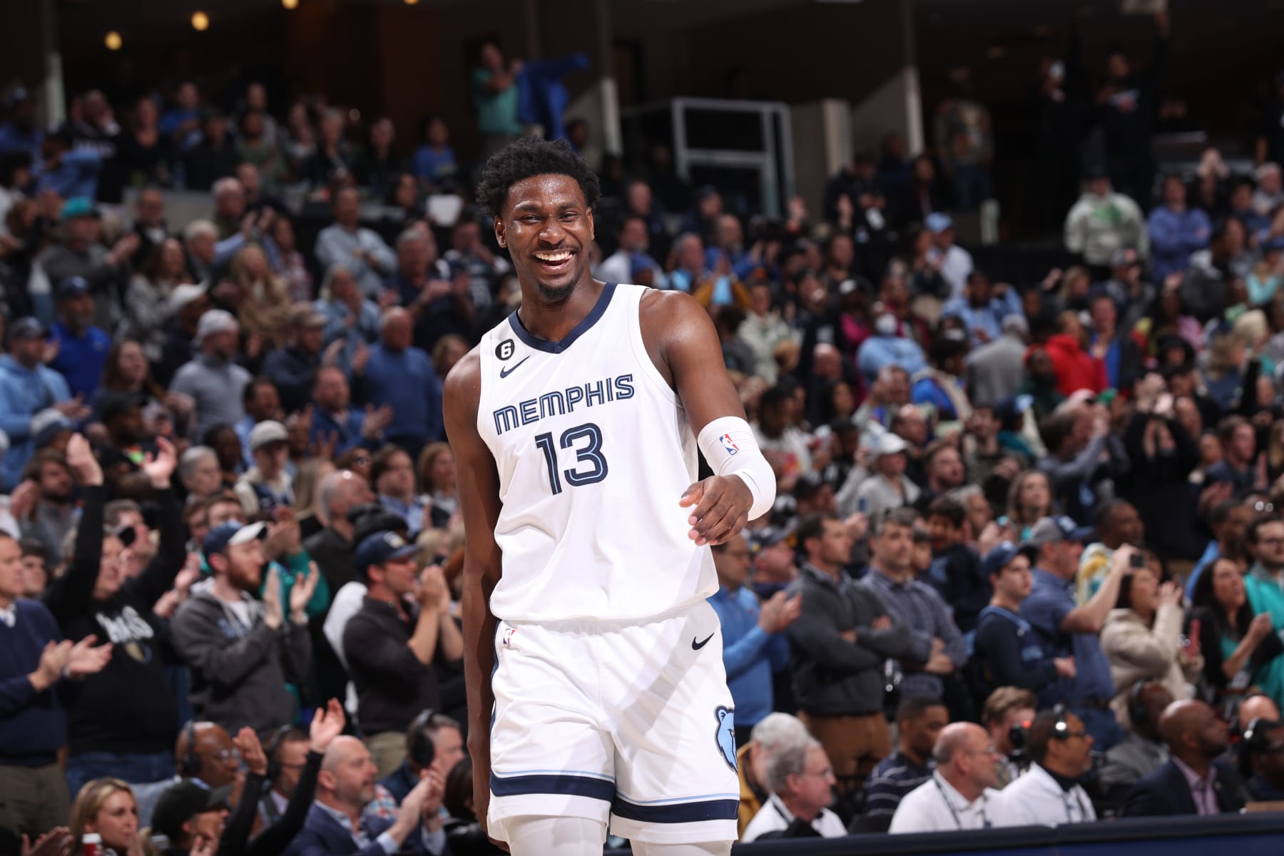 MEMPHIS, TN - MARCH 20: Jaren Jackson Jr. #13 of the Memphis Grizzlies smiles during the final seconds of the game against the Dallas Mavericks on March 20, 2023 at FedExForum in Memphis, Tennessee. NOTE TO USER: User expressly acknowledges and agrees that, by downloading and or using this photograph, User is consenting to the terms and conditions of the Getty Images License Agreement. Mandatory Copyright Notice: Copyright 2023 NBAE (Photo by Joe Murphy/NBAE via Getty Images)