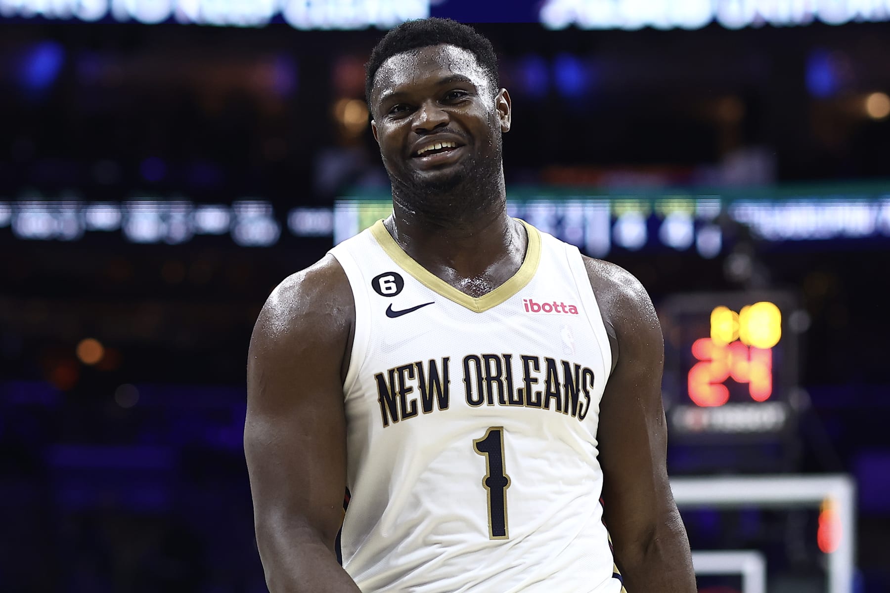 PHILADELPHIA, PENNSYLVANIA - JANUARY 02: Zion Williamson #1 of the New Orleans Pelicans reacts during the third quarter against the Philadelphia 76ers at Wells Fargo Center on January 02, 2023 in Philadelphia, Pennsylvania. NOTE TO USER: User expressly acknowledges and agrees that, by downloading and or using this photograph, User is consenting to the terms and conditions of the Getty Images License Agreement. (Photo by Tim Nwachukwu/Getty Images)
