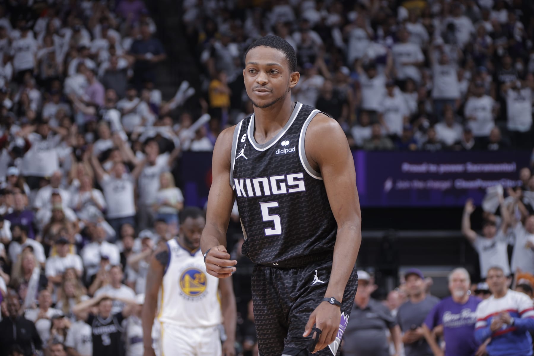 SACRAMENTO, CA - APRIL 30: De'Aaron Fox #5 of the Sacramento Kings looks on during the game against the Golden State Warriors during Round 1 Game 7 of the 2023 NBA Playoffs on April 30, 2023 at Golden 1 Center in Sacramento, California. NOTE TO USER: User expressly acknowledges and agrees that, by downloading and or using this photograph, User is consenting to the terms and conditions of the Getty Images Agreement. Mandatory Copyright Notice: Copyright 2023 NBAE (Photo by Rocky Widner/NBAE via Getty Images)