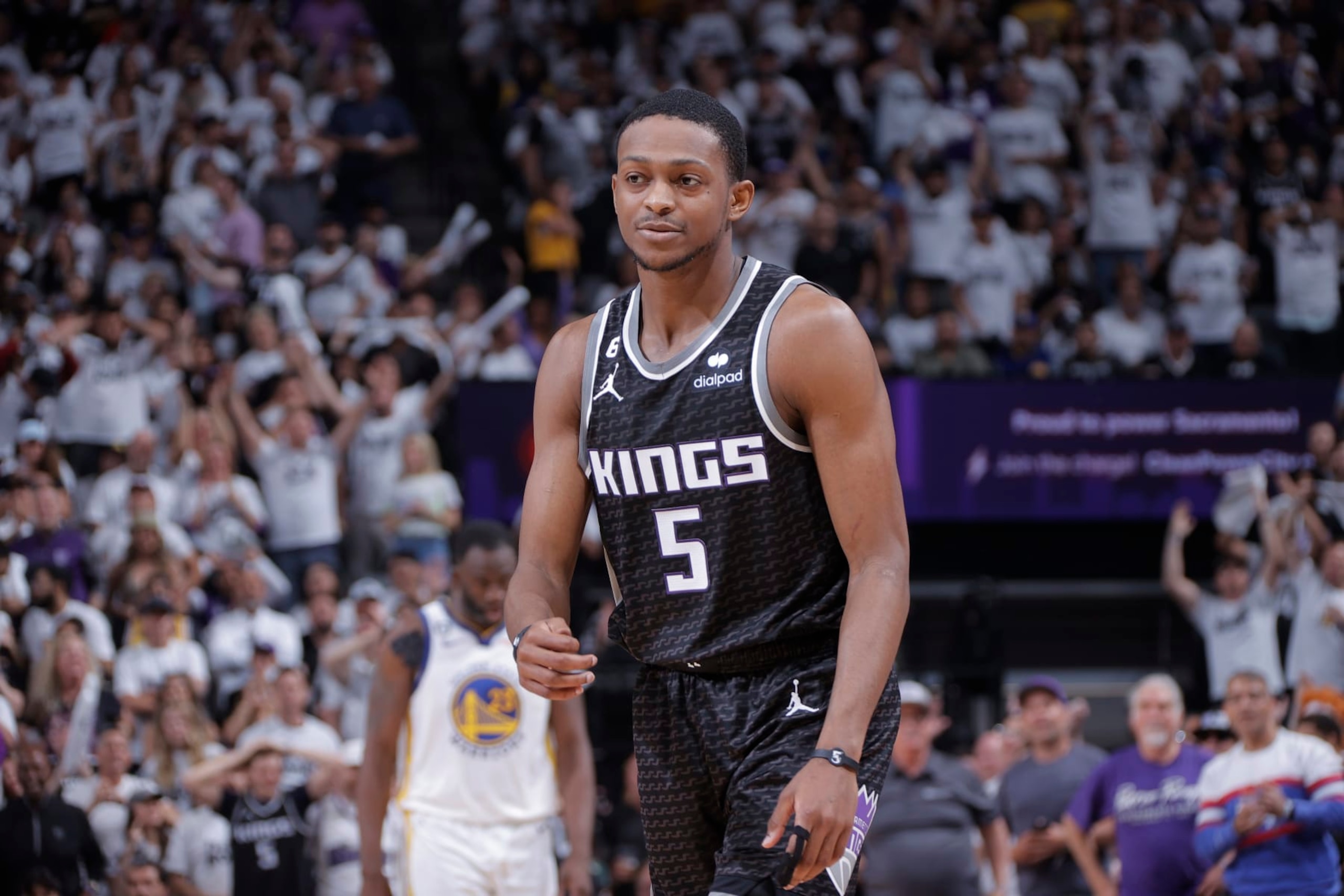 SACRAMENTO, CA - APRIL 30: De'Aaron Fox #5 of the Sacramento Kings looks on during the game against the Golden State Warriors during Round 1 Game 7 of the 2023 NBA Playoffs on April 30, 2023 at Golden 1 Center in Sacramento, California. NOTE TO USER: User expressly acknowledges and agrees that, by downloading and or using this photograph, User is consenting to the terms and conditions of the Getty Images Agreement. Mandatory Copyright Notice: Copyright 2023 NBAE (Photo by Rocky Widner/NBAE via Getty Images)