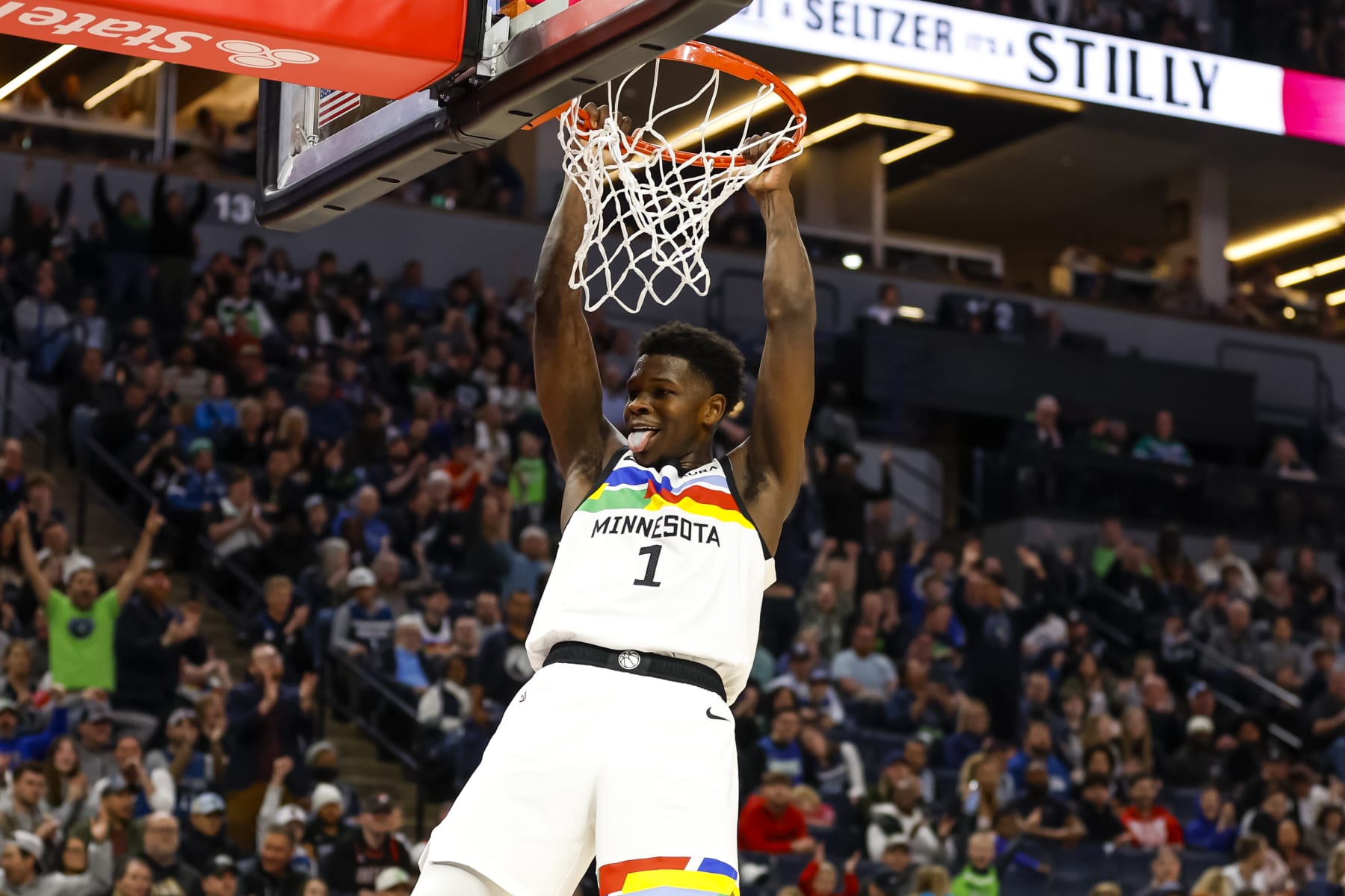 MINNEAPOLIS, MN - APRIL 02: Anthony Edwards #1 of the Minnesota Timberwolves celebrates his dunk against the Portland Trail Blazers in the third quarter of the game at Target Center on April 2, 2023 in Minneapolis, Minnesota. The Trail Blazers defeated the Timberwolves 107-105. NOTE TO USER: User expressly acknowledges and agrees that, by downloading and or using this Photograph, user is consenting to the terms and conditions of the Getty Images License Agreement. (Photo by David Berding/Getty Images)