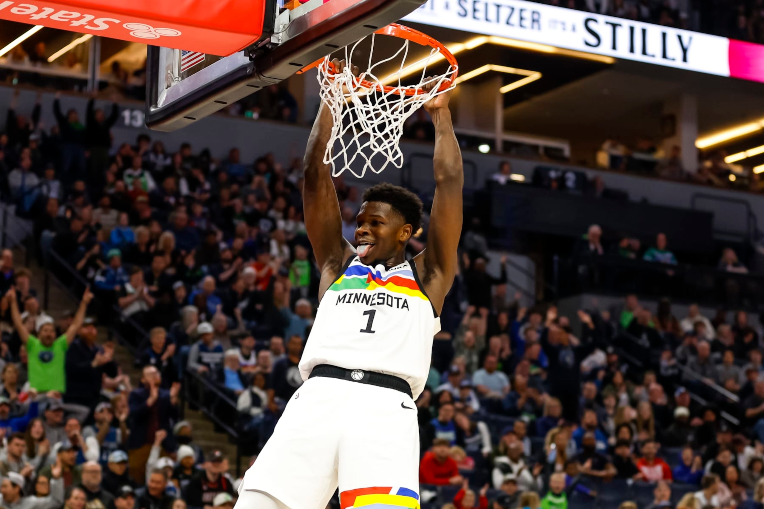 MINNEAPOLIS, MN - APRIL 02: Anthony Edwards #1 of the Minnesota Timberwolves celebrates his dunk against the Portland Trail Blazers in the third quarter of the game at Target Center on April 2, 2023 in Minneapolis, Minnesota. The Trail Blazers defeated the Timberwolves 107-105. NOTE TO USER: User expressly acknowledges and agrees that, by downloading and or using this Photograph, user is consenting to the terms and conditions of the Getty Images License Agreement. (Photo by David Berding/Getty Images)