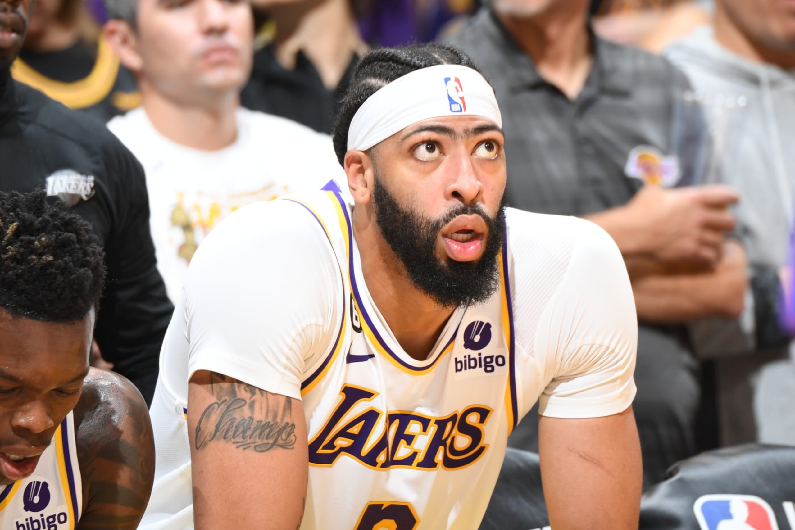 LOS ANGELES, CA - MAY 20: Anthony Davis #3 of the Los Angeles Lakers looks on during Game 3 of the 2023 NBA Playoffs Western Conference Finals against the Denver Nuggets on May 20, 2023 at Crypto.Com Arena in Los Angeles, California. NOTE TO USER: User expressly acknowledges and agrees that, by downloading and/or using this Photograph, user is consenting to the terms and conditions of the Getty Images License Agreement. Mandatory Copyright Notice: Copyright 2023 NBAE (Photo by Andrew D. Bernstein/NBAE via Getty Images)