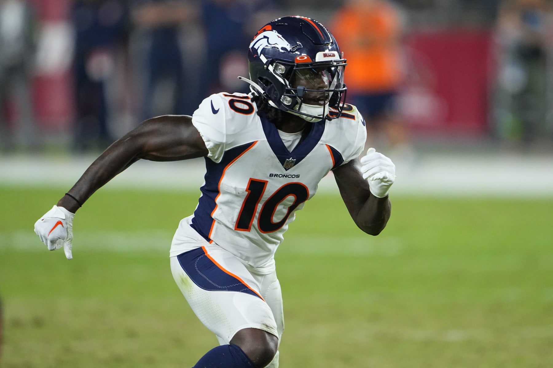 Denver Broncos wide receiver Jerry Jeudy (10) against the Arizona Cardinals during the first half of an NFL preseason football game, Friday, Aug. 11, 2023, in Glendale, Ariz. (AP Photo/Matt York)