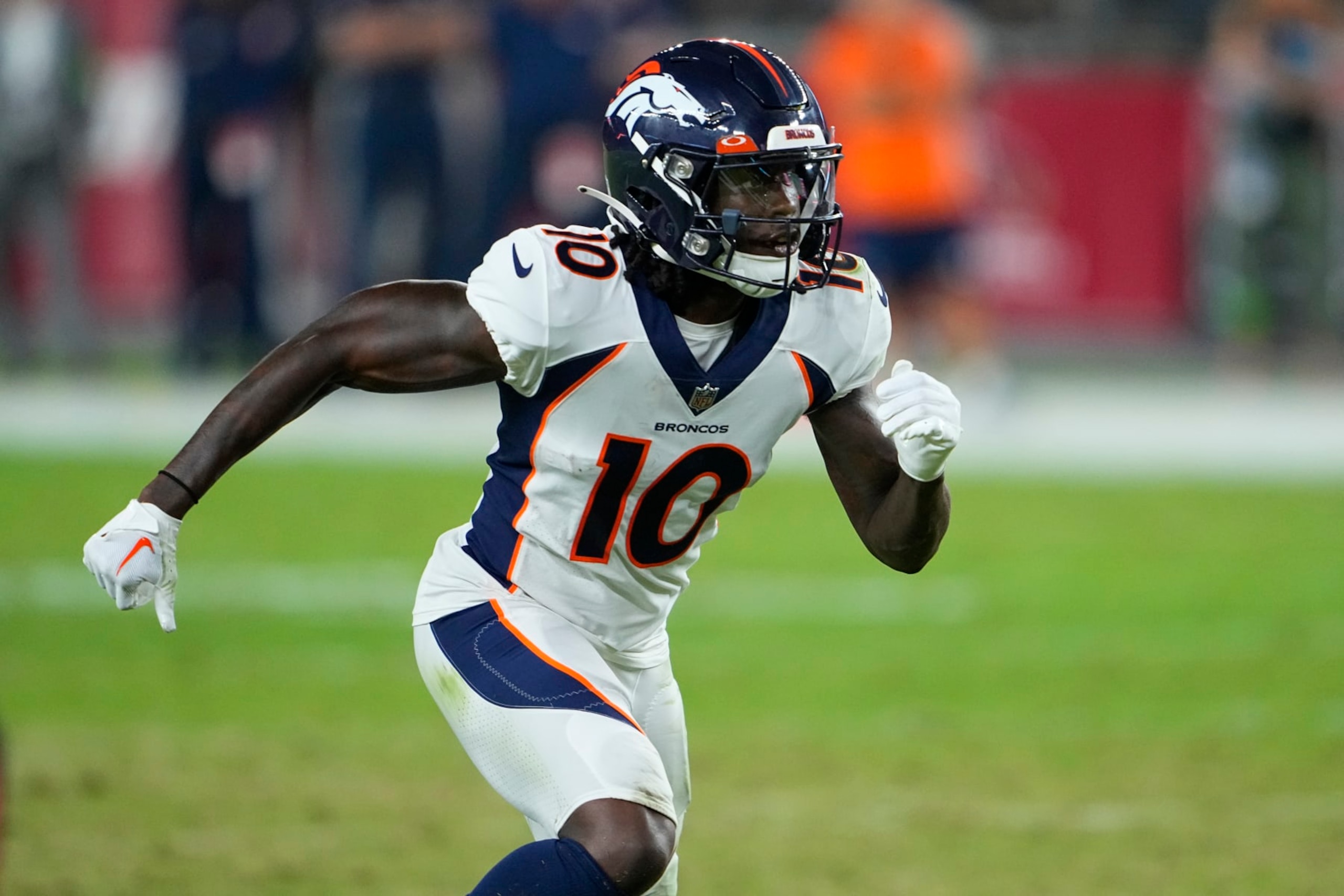 Denver Broncos wide receiver Jerry Jeudy (10) against the Arizona Cardinals during the first half of an NFL preseason football game, Friday, Aug. 11, 2023, in Glendale, Ariz. (AP Photo/Matt York)