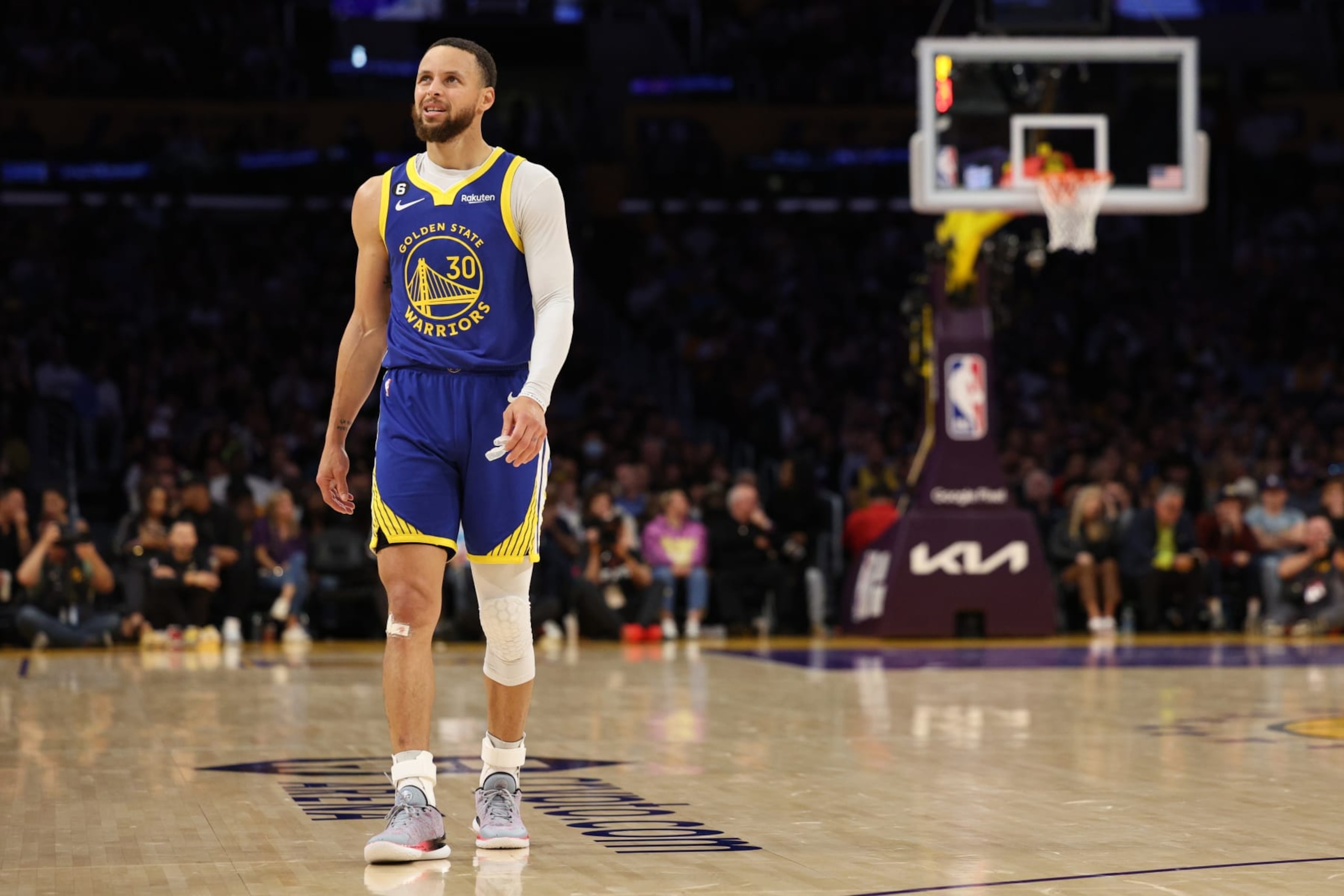 LOS ANGELES, CALIFORNIA - MAY 12: Stephen Curry #30 of the Golden State Warriors reacts during a break in the second quarter against the Los Angeles Lakers in game six of the Western Conference Semifinal Playoffs at Crypto.com Arena on May 12, 2023 in Los Angeles, California. NOTE TO USER: User expressly acknowledges and agrees that, by downloading and or using this photograph, User is consenting to the terms and conditions of the Getty Images License Agreement. (Photo by Harry How/Getty Images)