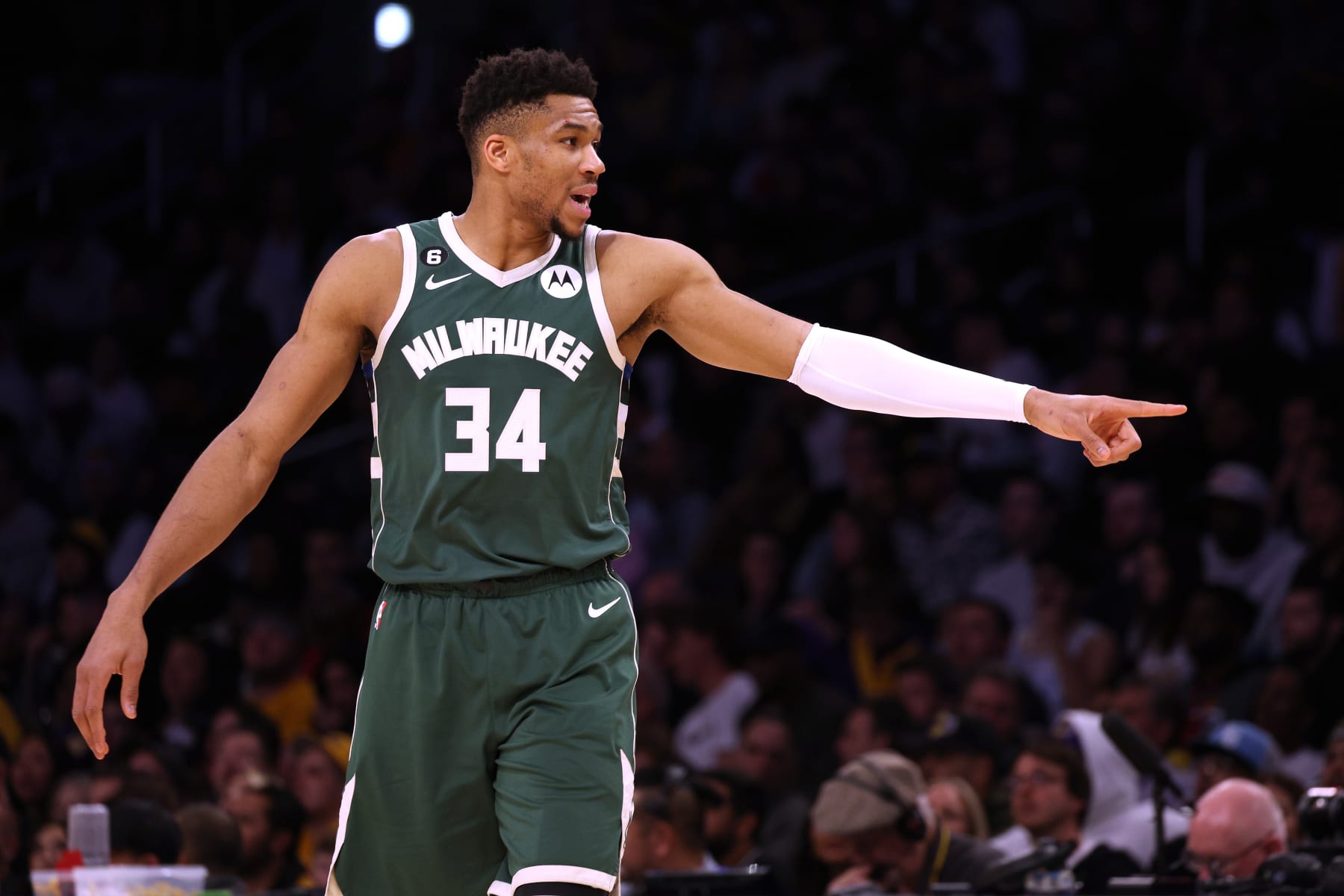 LOS ANGELES, CALIFORNIA - FEBRUARY 09: Giannis Antetokounmpo #34 of the Milwaukee Bucks during a 115-106 Bucks win over the Los Angeles Lakers at Crypto.com Arena on February 09, 2023 in Los Angeles, California. NOTE TO USER: User expressly acknowledges and agrees that, by downloading and or using this photograph, User is consenting to the terms and conditions of the Getty Images License Agreement. (Photo by Harry How/Getty Images)