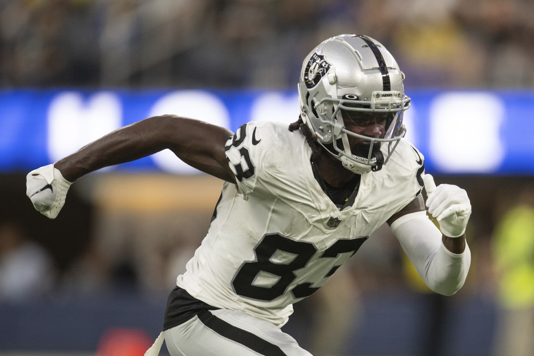 Las Vegas Raiders wide receiver Kristian Wilkerson (83) runs during an NFL preseason football game against the Los Angeles Rams, Saturday, Aug. 19, 2023, in Inglewood, Calif. (AP Photo/Kyusung Gong)