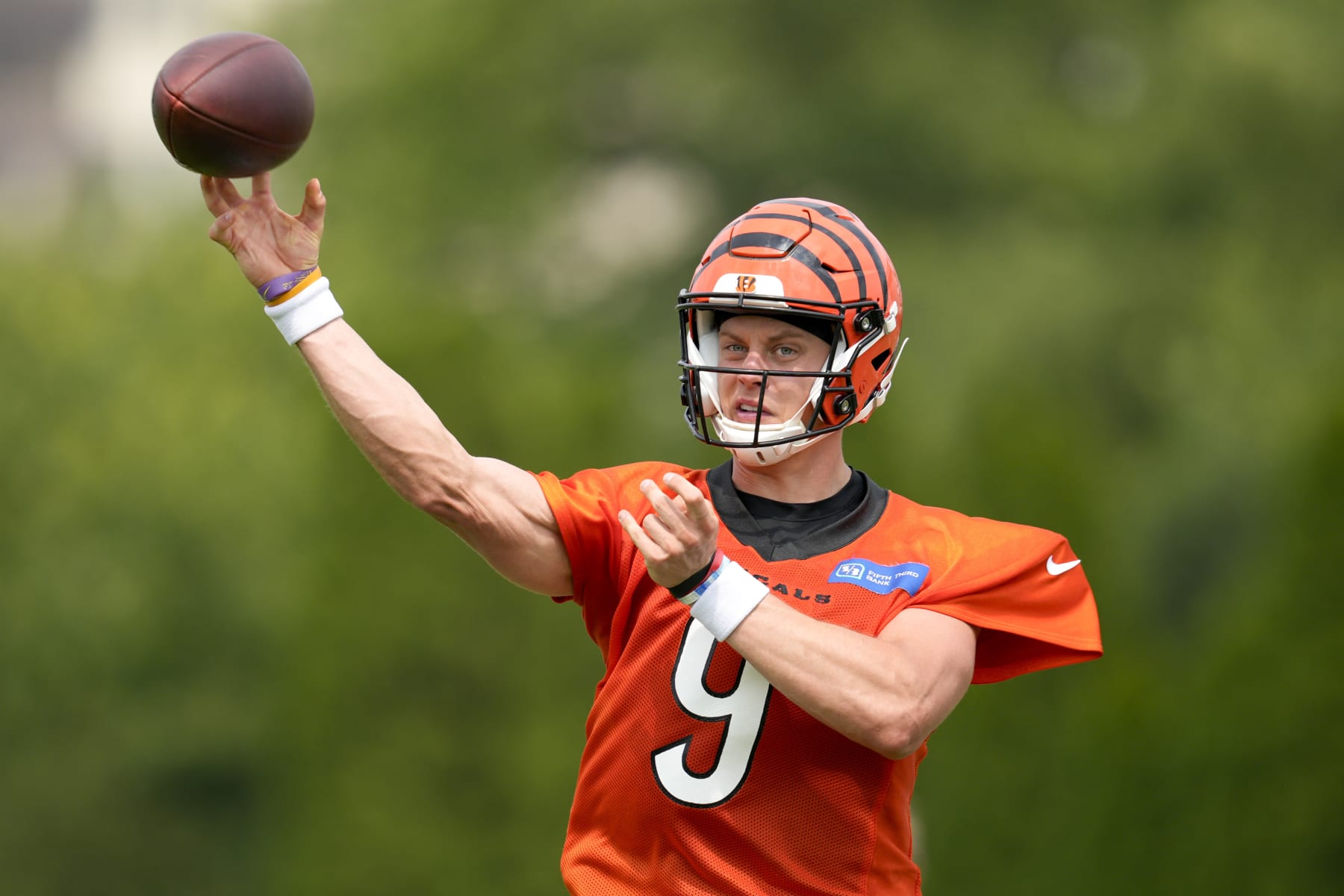 Cincinnati Bengals quarterback Joe Burrow throws during the NFL football team's training camp, Wednesday, July 26, 2023, in Cincinnati. (AP Photo/Jeff Dean)