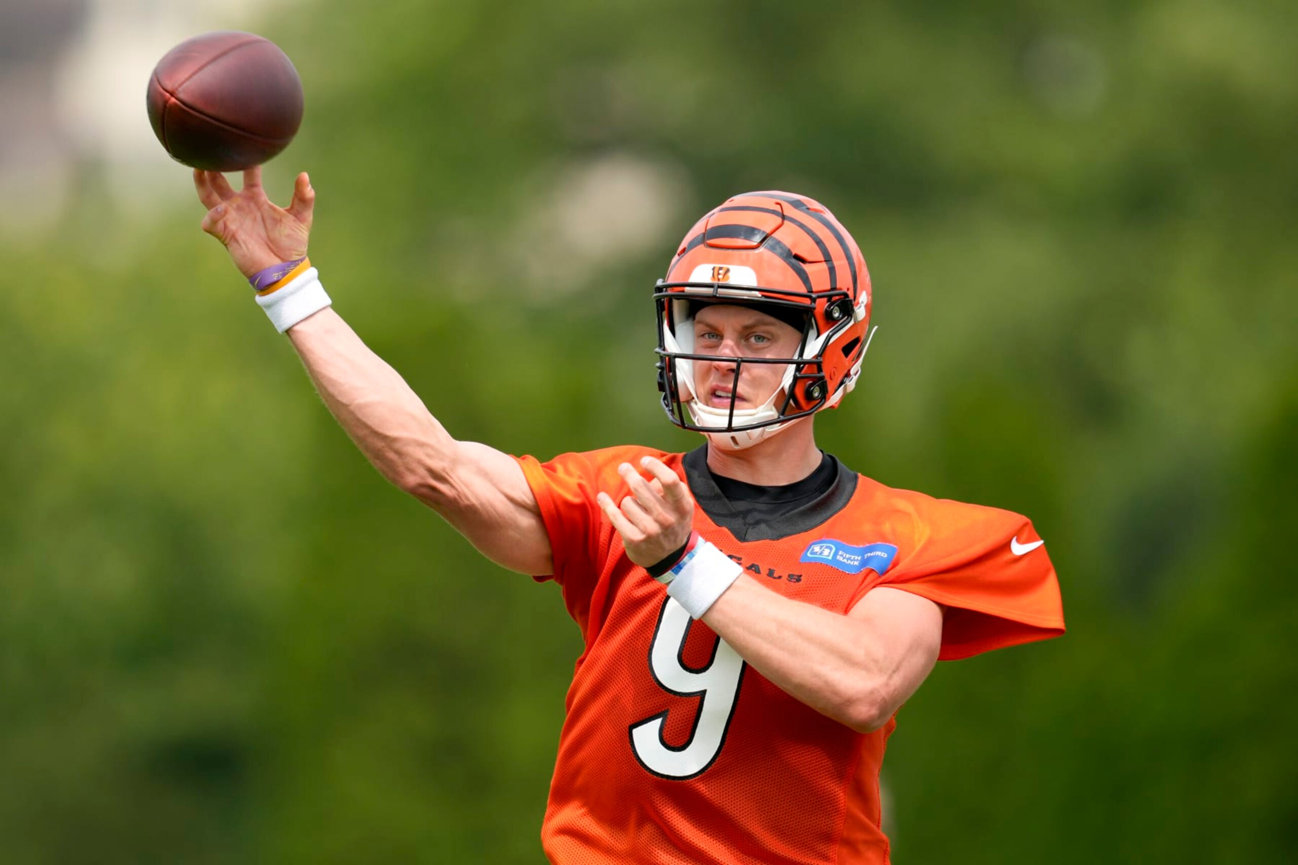 Cincinnati Bengals quarterback Joe Burrow throws during the NFL football team's training camp, Wednesday, July 26, 2023, in Cincinnati. (AP Photo/Jeff Dean) Cincinnati Bengals quarterback Joe Burrow throws during the NFL football team's training camp, Wednesday, July 26, 2023, in Cincinnati. (AP Photo/Jeff Dean)