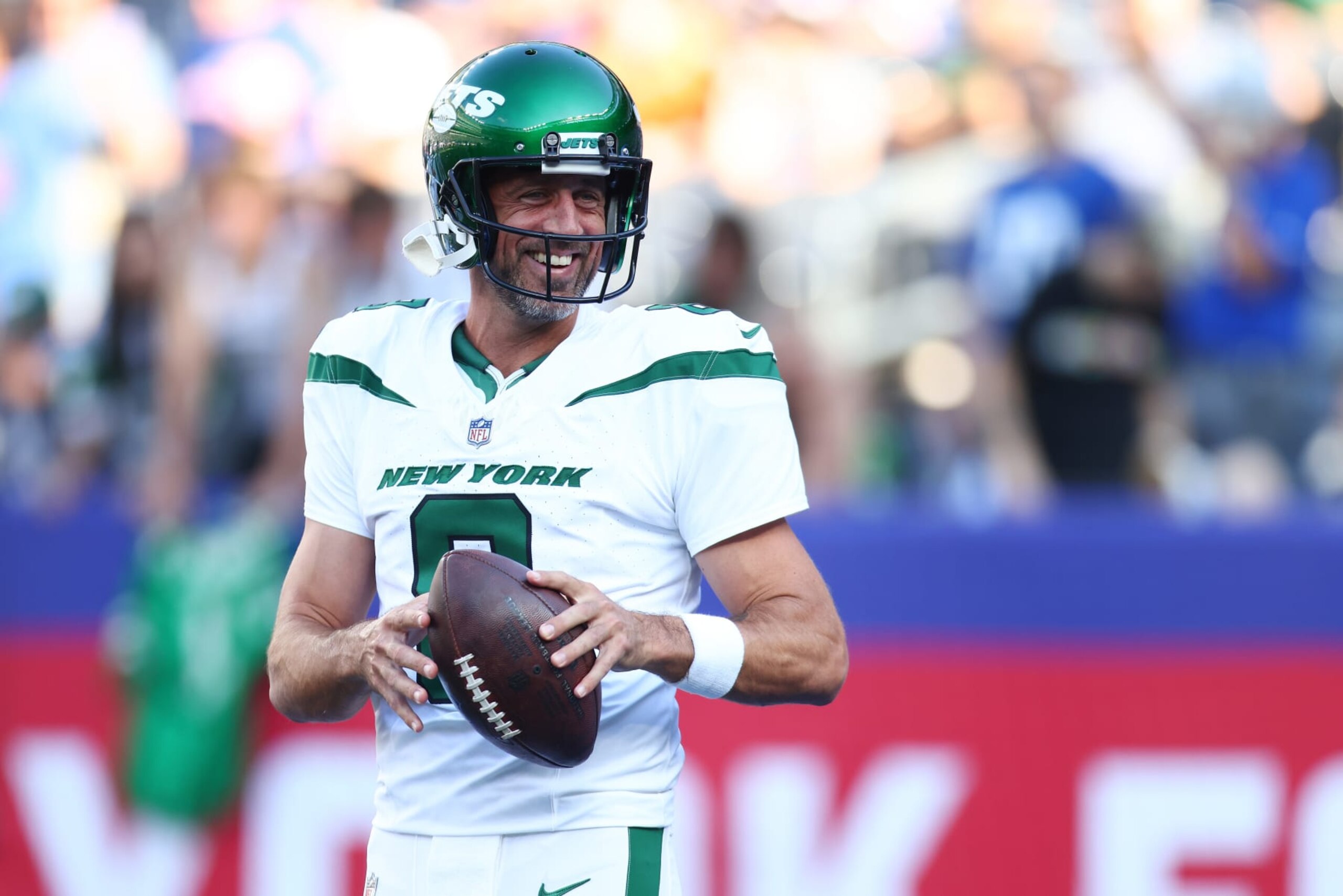 EAST RUTHERFORD, NEW JERSEY - AUGUST 26: Aaron Rodgers #8 of the New York Jets warms up prior to the game against the New York Giants at MetLife Stadium on August 26, 2023 in East Rutherford, New Jersey. (Photo by Mike Stobe/Getty Images)