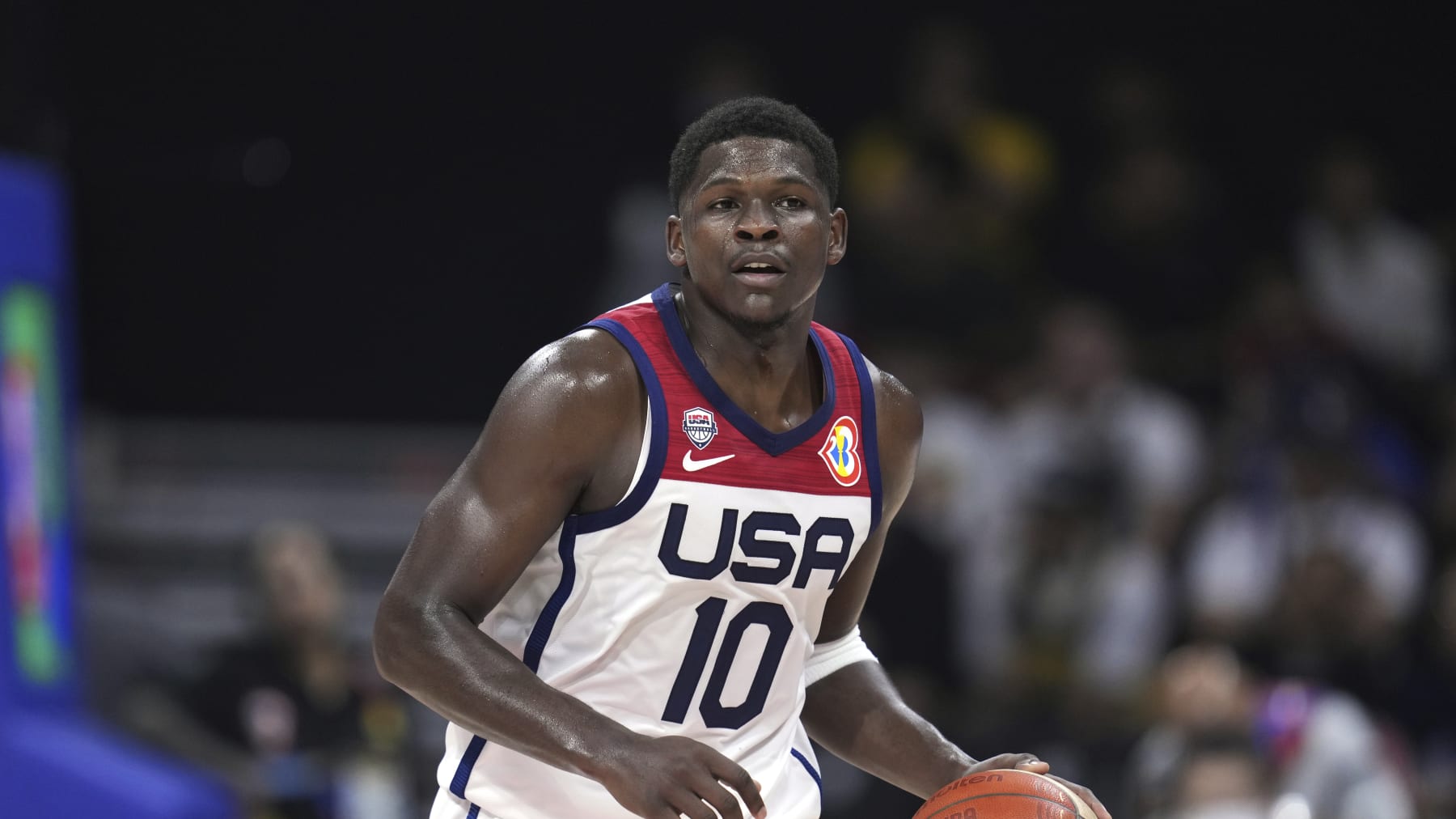U.S. guard Anthony Edwards (10) plays against Jordan during the second half of a Basketball World Cup group C match in Manila, Philippines Wednesday, Aug. 30, 2023. (AP Photo/Michael Conroy)