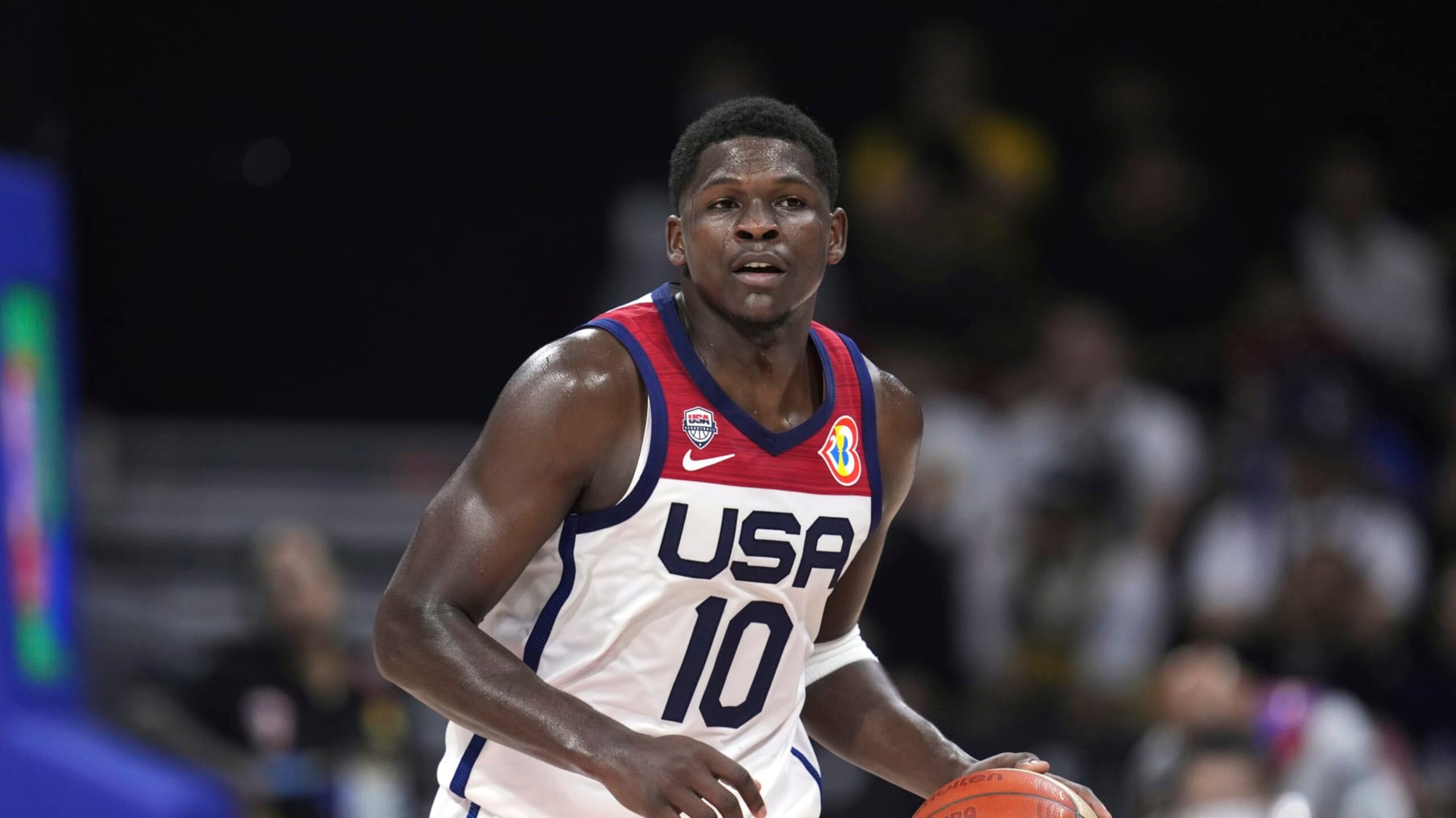 U.S. guard Anthony Edwards (10) plays against Jordan during the second half of a Basketball World Cup group C match in Manila, Philippines Wednesday, Aug. 30, 2023. (AP Photo/Michael Conroy) U.S. guard Anthony Edwards (10) plays against Jordan during the second half of a Basketball World Cup group C match in Manila, Philippines Wednesday, Aug. 30, 2023. (AP Photo/Michael Conroy)